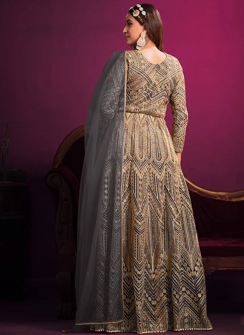 Grey Golden Embroidery Slit Style Anarkali Pant Suit