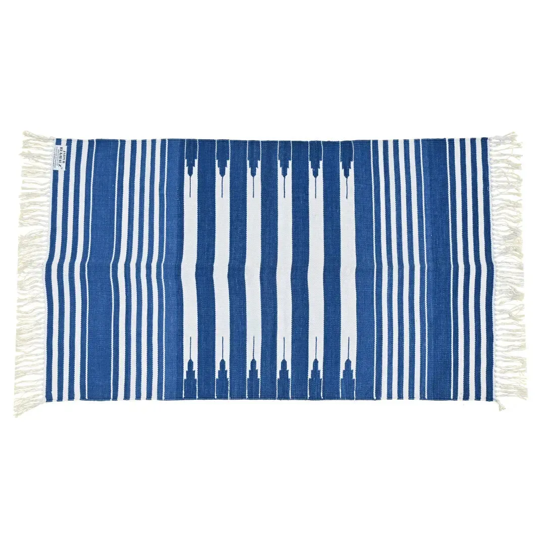 Handwoven Blue and White Stripe Cotton Rug with Fringes