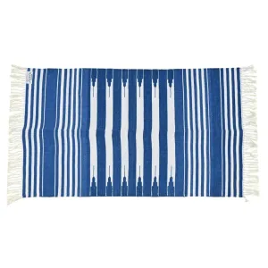 Handwoven Blue and White Stripe Cotton Rug with Fringes