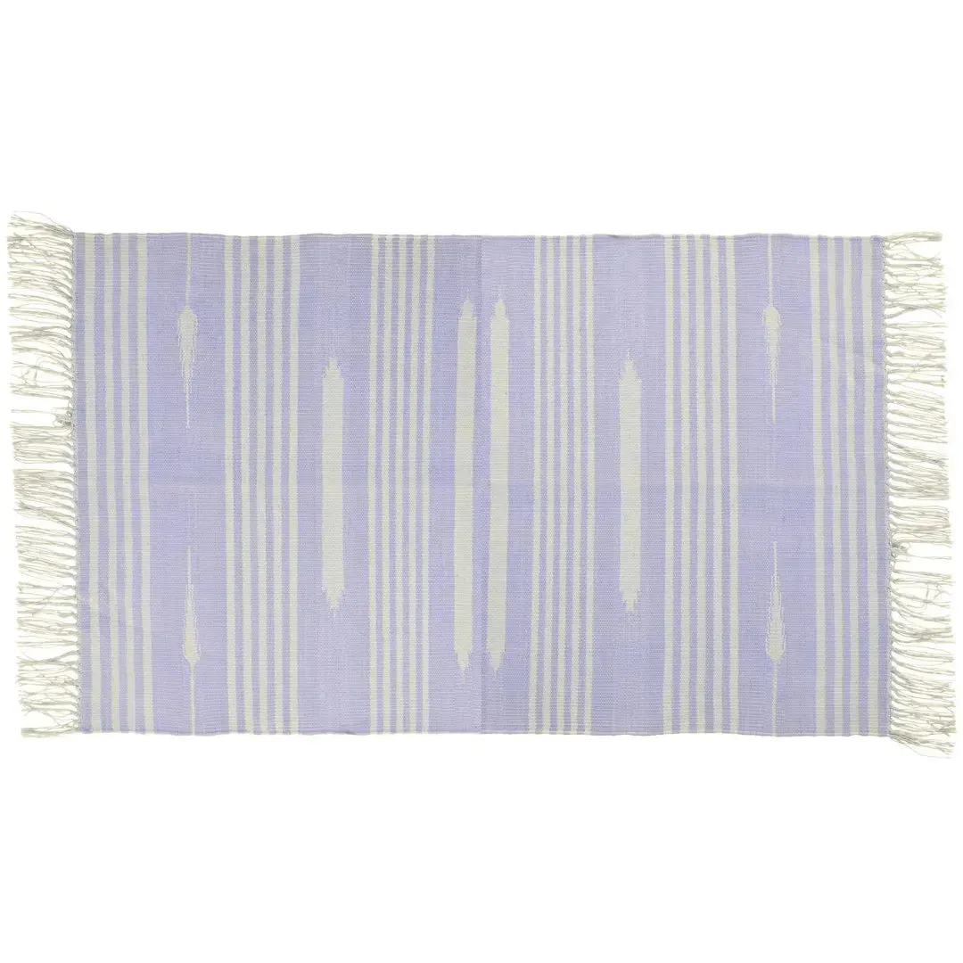 Handwoven Lilac and White Mini Stripe Cotton Rug with Fringes