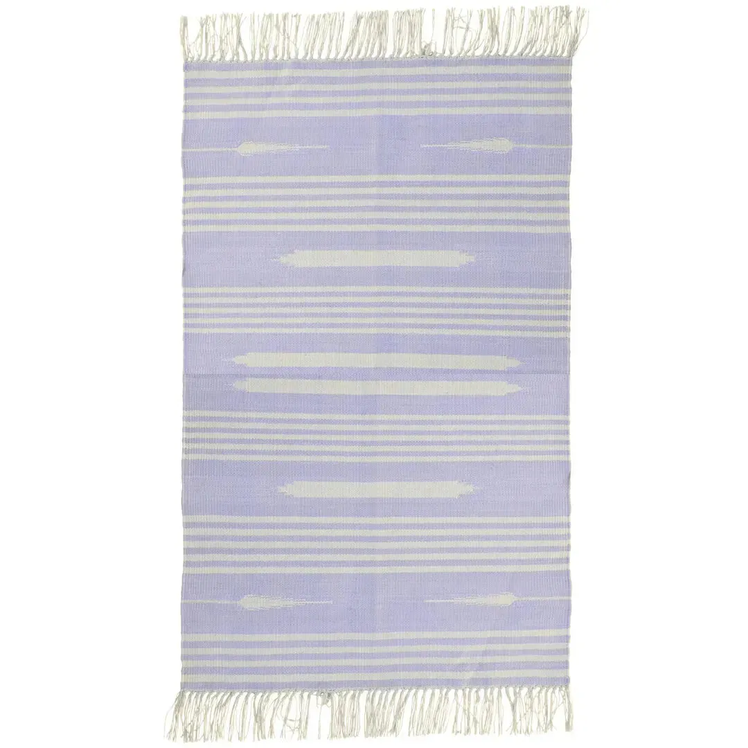 Handwoven Lilac and White Mini Stripe Cotton Rug with Fringes