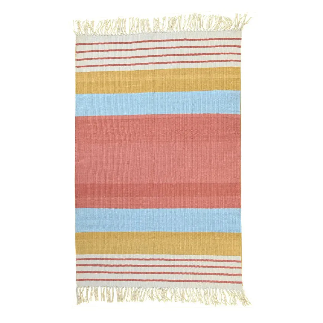 Handwoven Peach and Blue Ombre Cotton Rug with Fringes