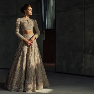 Heavy Bridal Grey and Gold Lehenga Choli Dress #BN1141