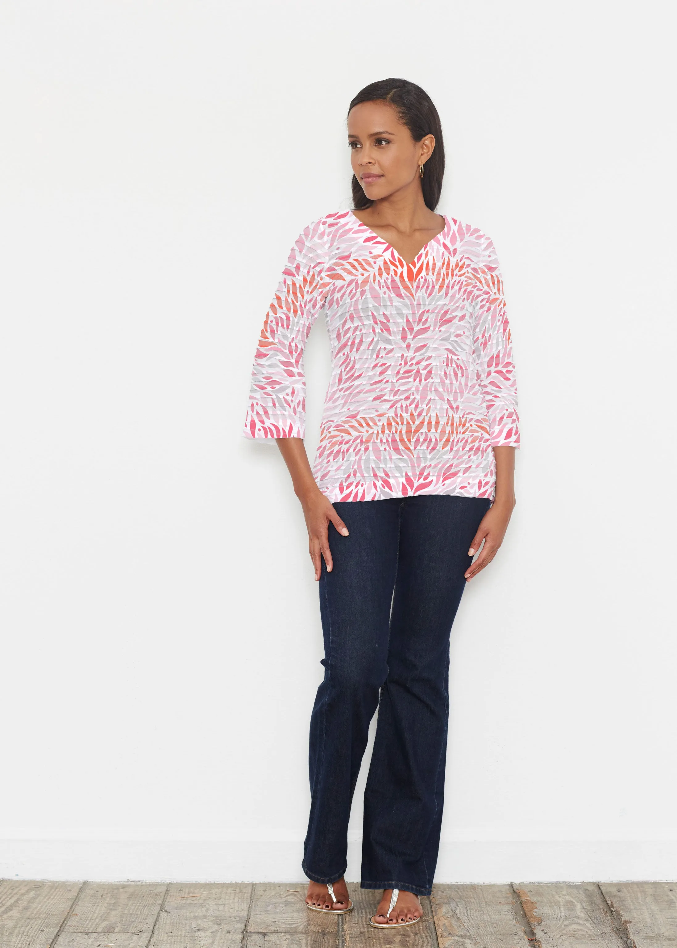 Hotsy Totsy Pink (8145) ~ Banded 3/4 Bell-Sleeve V-Neck Tunic