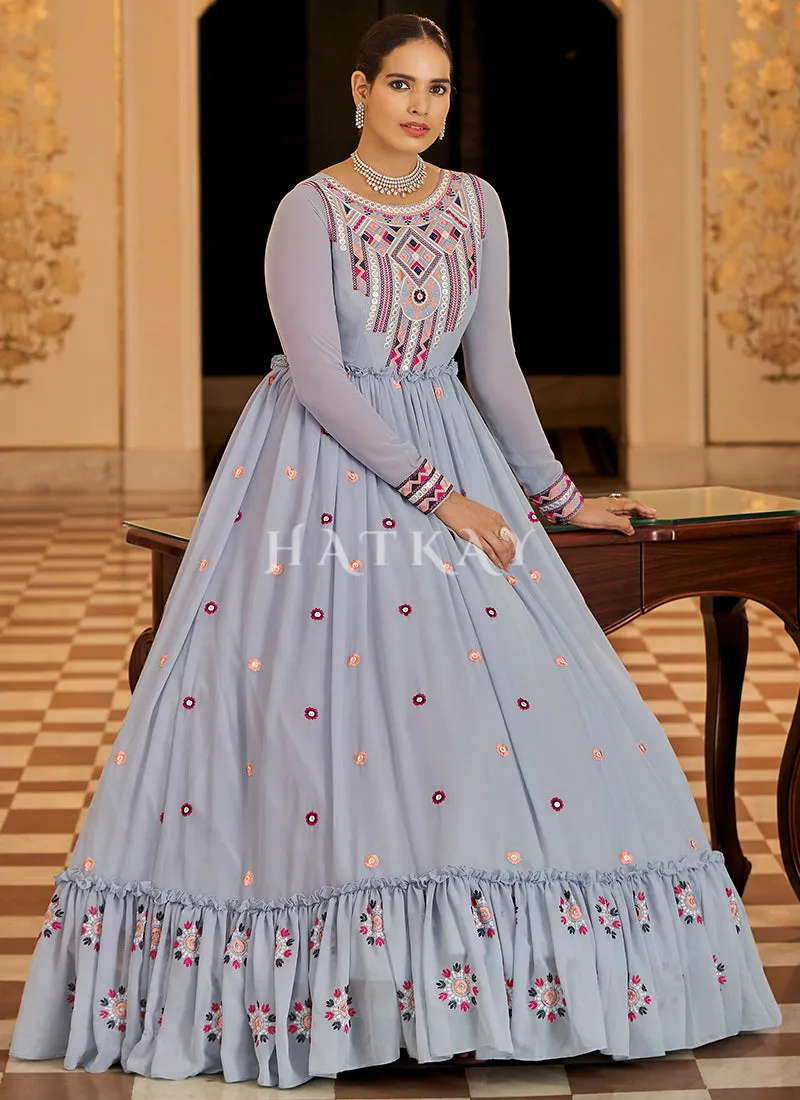 Ice Blue Floral Embroidered Wedding Gown