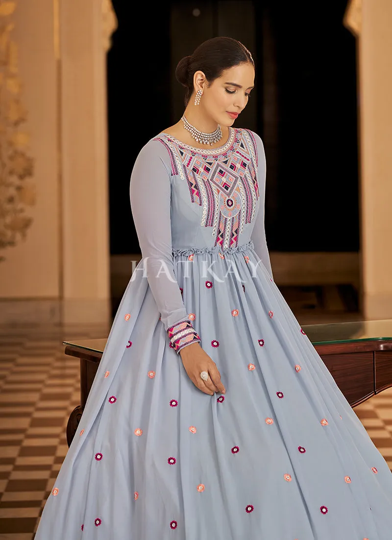 Ice Blue Floral Embroidered Wedding Gown