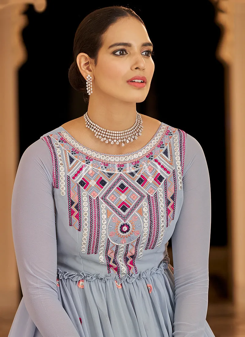 Ice Blue Floral Embroidered Wedding Gown