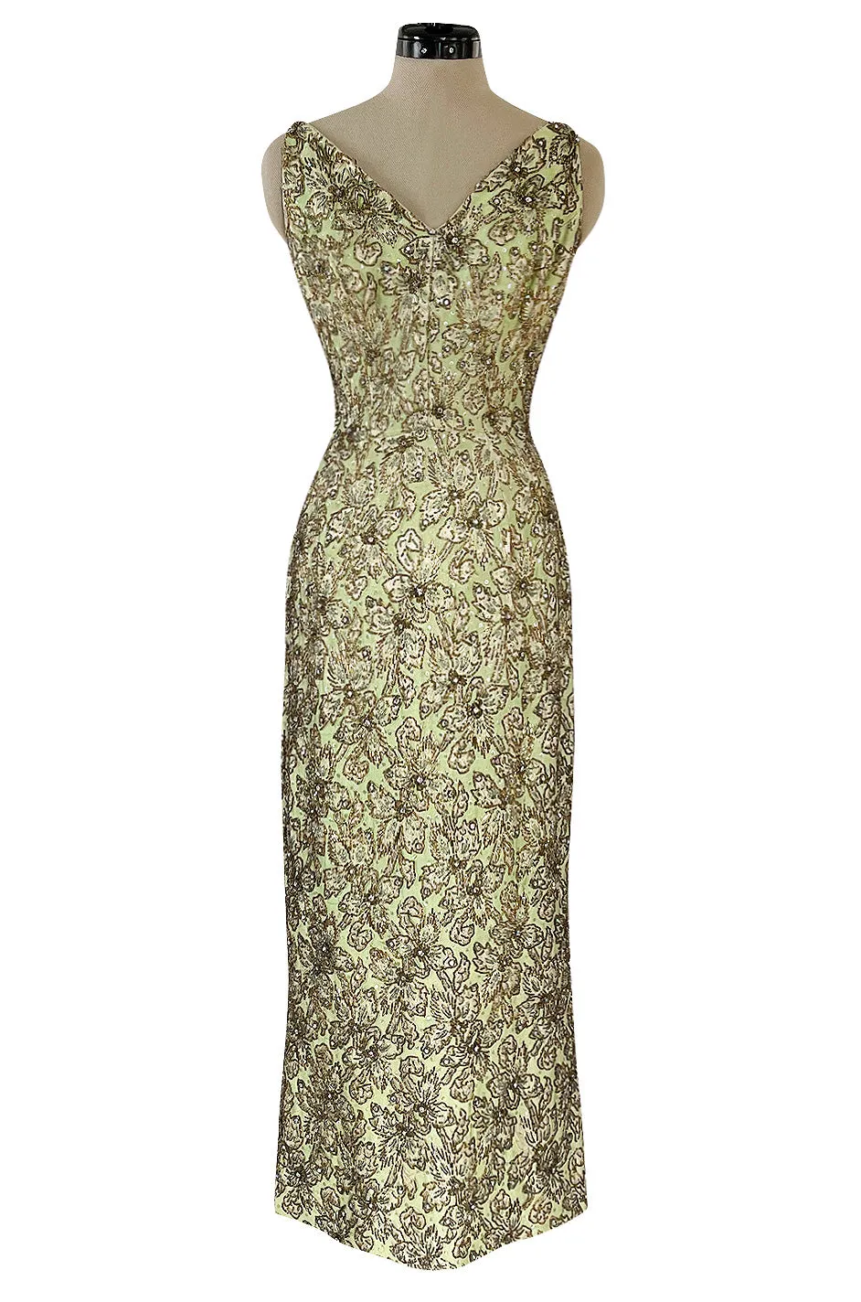 Incredible 1950s Mignon Densely & Heavily Beaded Green Silk Brocade Hourglass Dress
