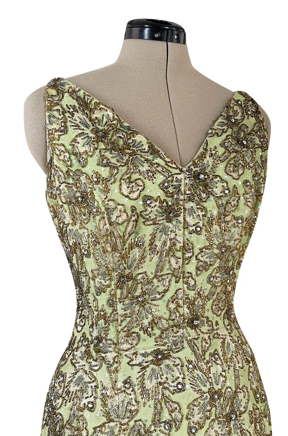 Incredible 1950s Mignon Densely & Heavily Beaded Green Silk Brocade Hourglass Dress
