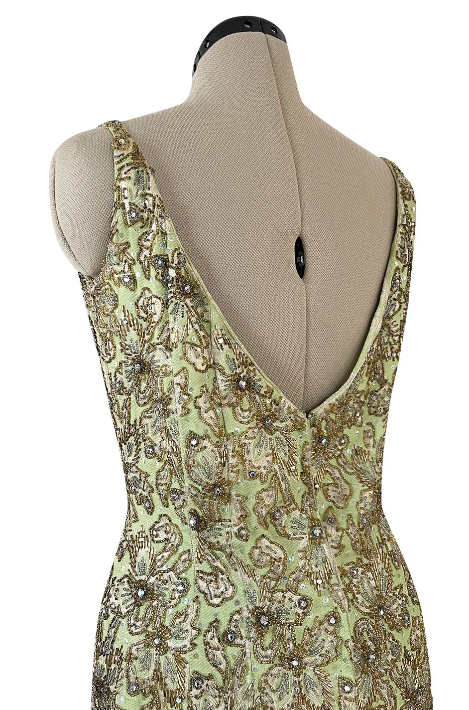 Incredible 1950s Mignon Densely & Heavily Beaded Green Silk Brocade Hourglass Dress