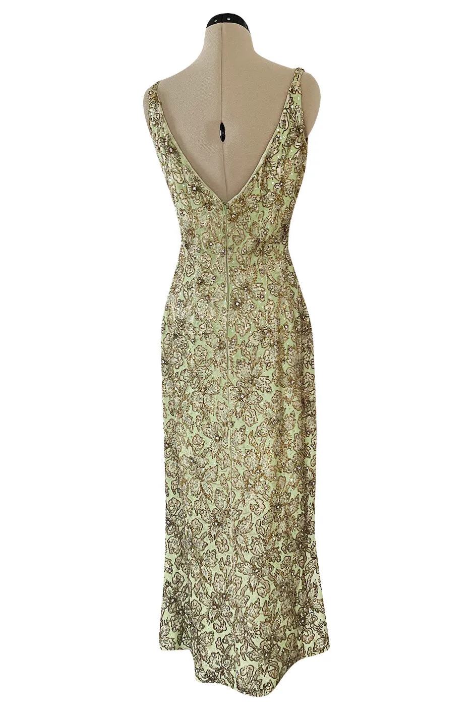 Incredible 1950s Mignon Densely & Heavily Beaded Green Silk Brocade Hourglass Dress
