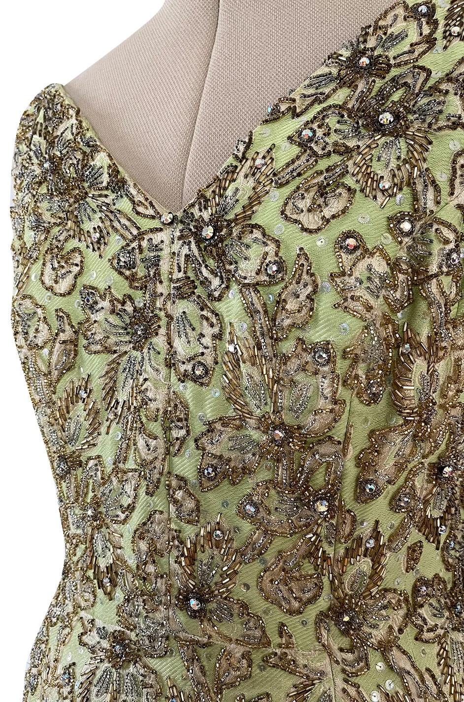 Incredible 1950s Mignon Densely & Heavily Beaded Green Silk Brocade Hourglass Dress