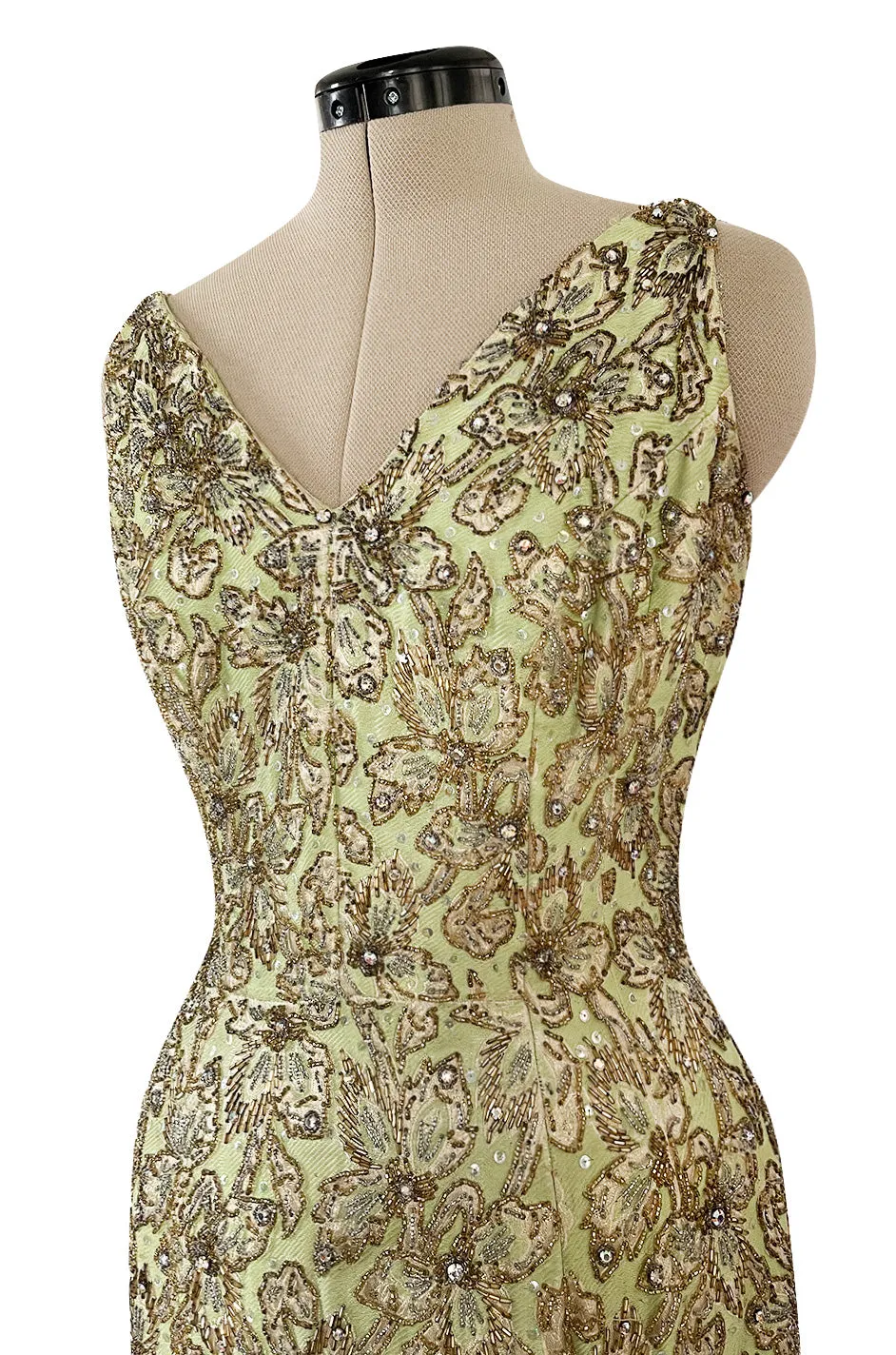 Incredible 1950s Mignon Densely & Heavily Beaded Green Silk Brocade Hourglass Dress
