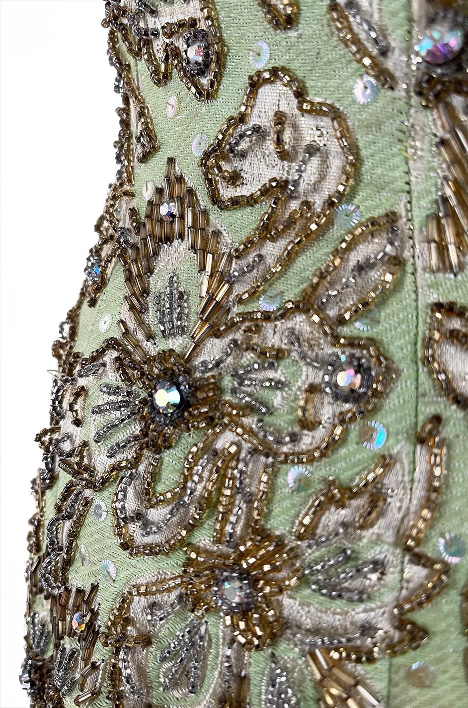Incredible 1950s Mignon Densely & Heavily Beaded Green Silk Brocade Hourglass Dress
