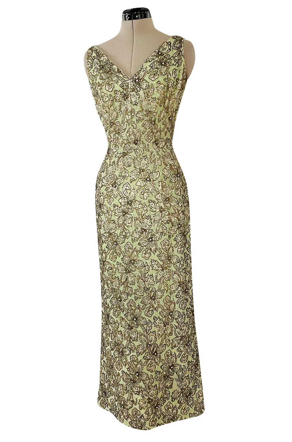 Incredible 1950s Mignon Densely & Heavily Beaded Green Silk Brocade Hourglass Dress