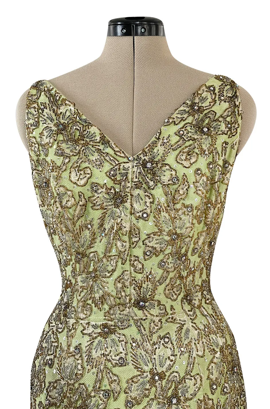 Incredible 1950s Mignon Densely & Heavily Beaded Green Silk Brocade Hourglass Dress