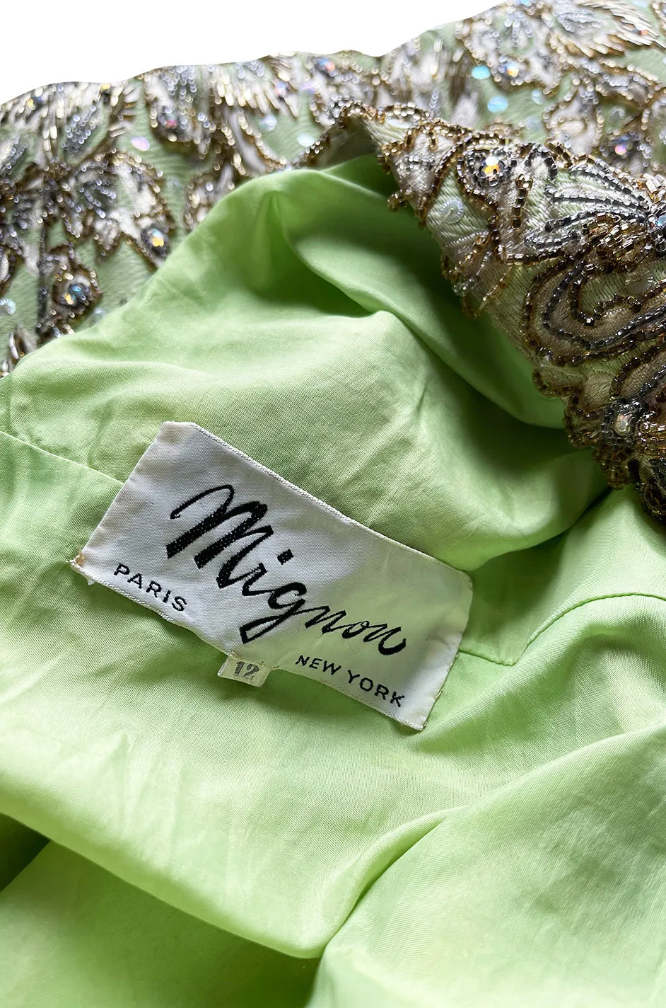 Incredible 1950s Mignon Densely & Heavily Beaded Green Silk Brocade Hourglass Dress