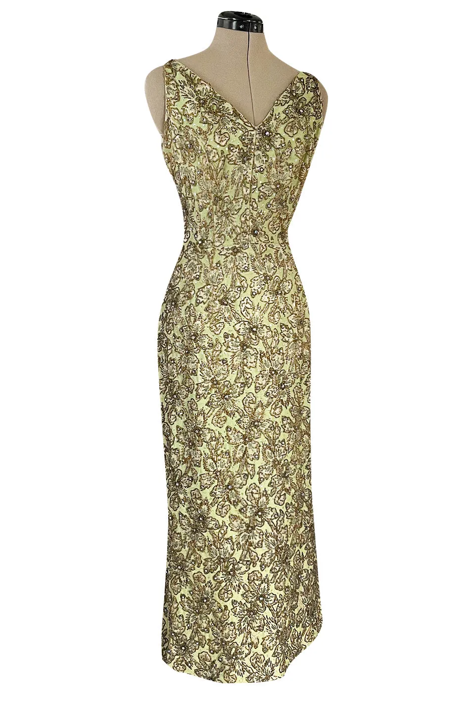 Incredible 1950s Mignon Densely & Heavily Beaded Green Silk Brocade Hourglass Dress