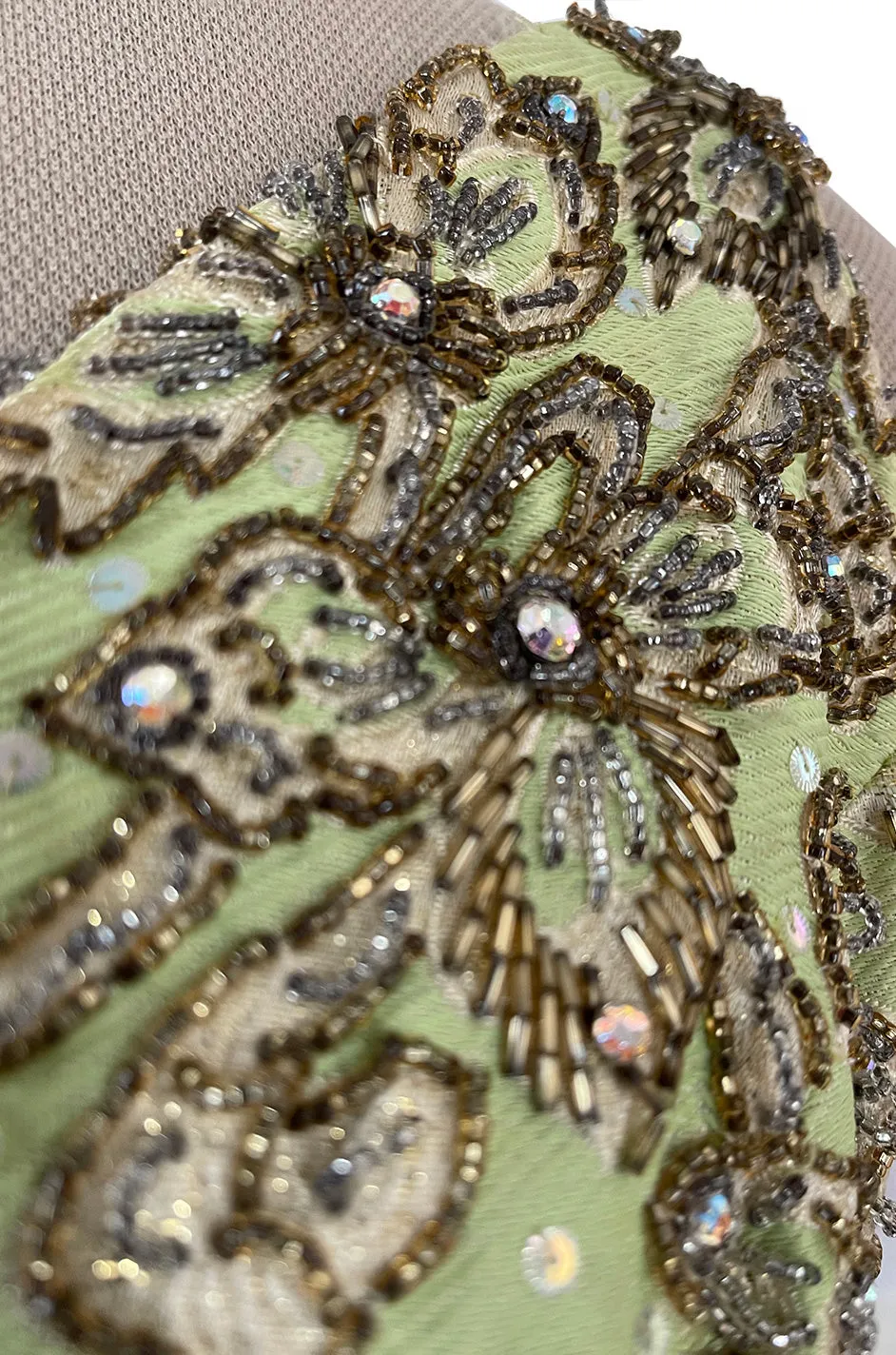 Incredible 1950s Mignon Densely & Heavily Beaded Green Silk Brocade Hourglass Dress