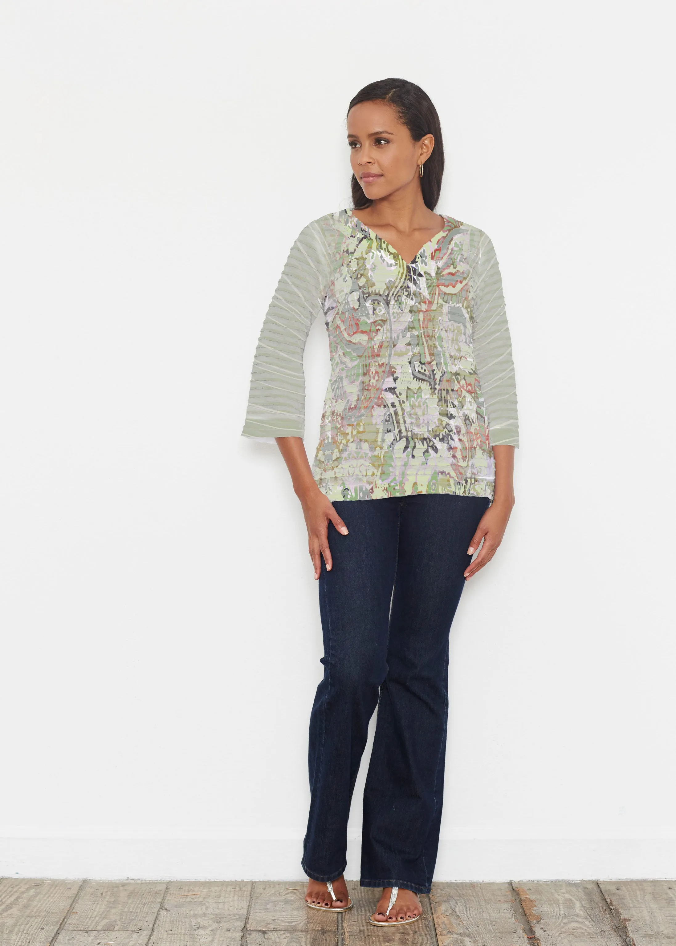 Jungle Escape (19156) ~ Banded 3/4 Bell-Sleeve V-Neck Tunic