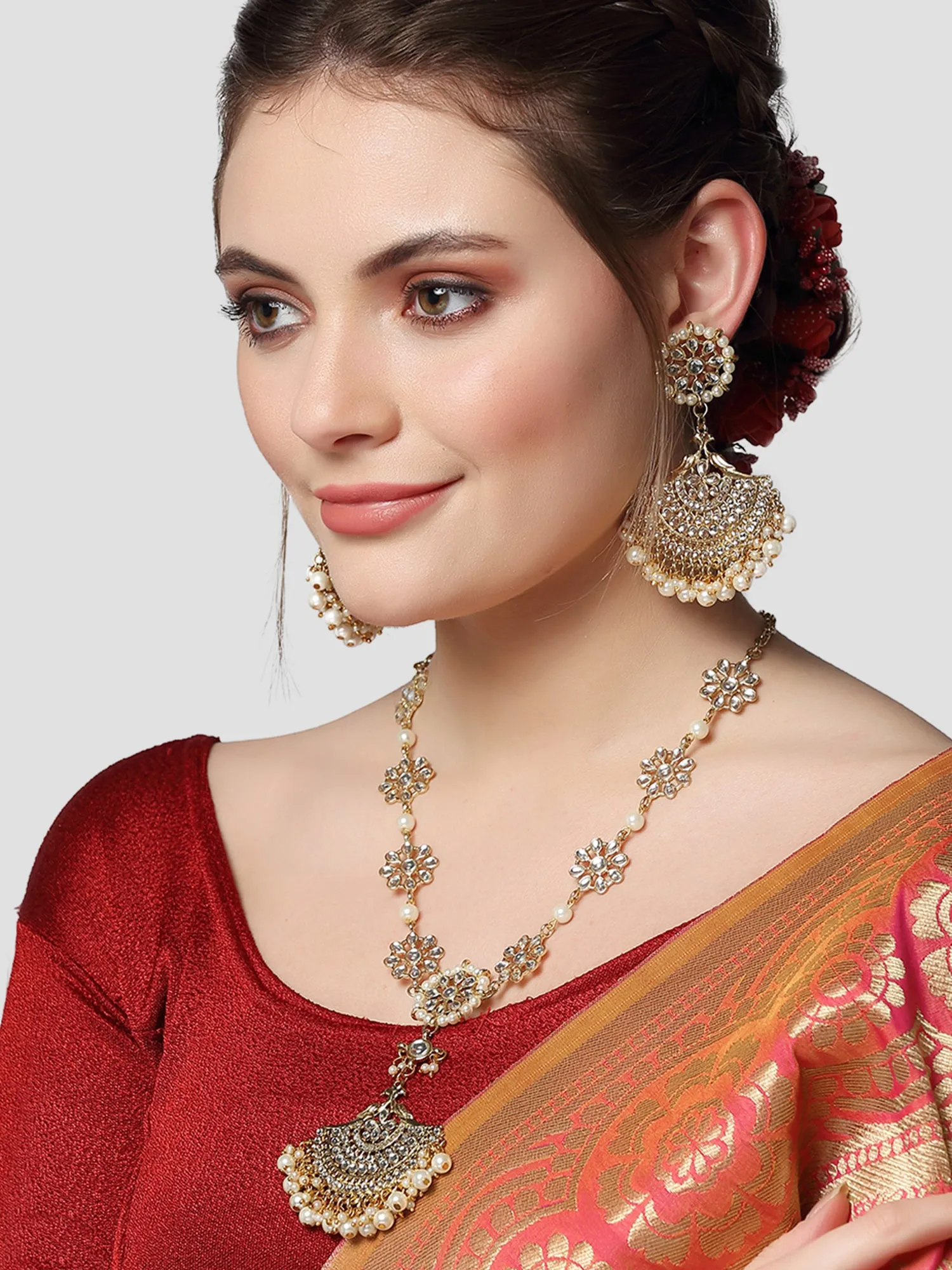 Karatcart Gold Plated Floral Kundan Sheeshphool with Chnadbali Earrings for Women