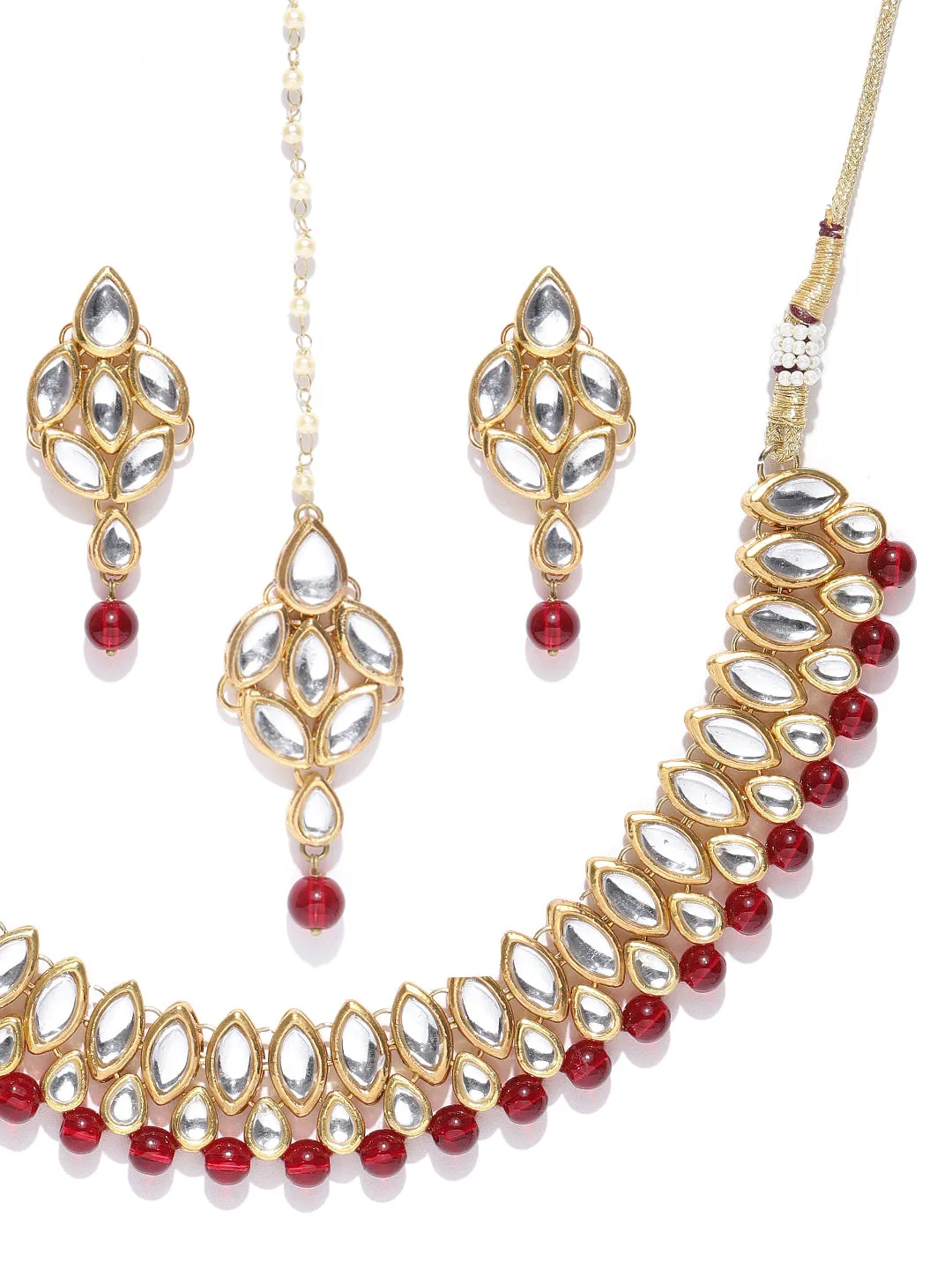 Karatcart Gold-Plated Handcrafted Kundan & Red Beads Studded Necklace Set