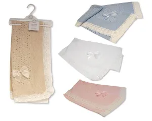 Knitted Baby Lace Shawl with Pointelle Pattern Bow - Bw-110-396
