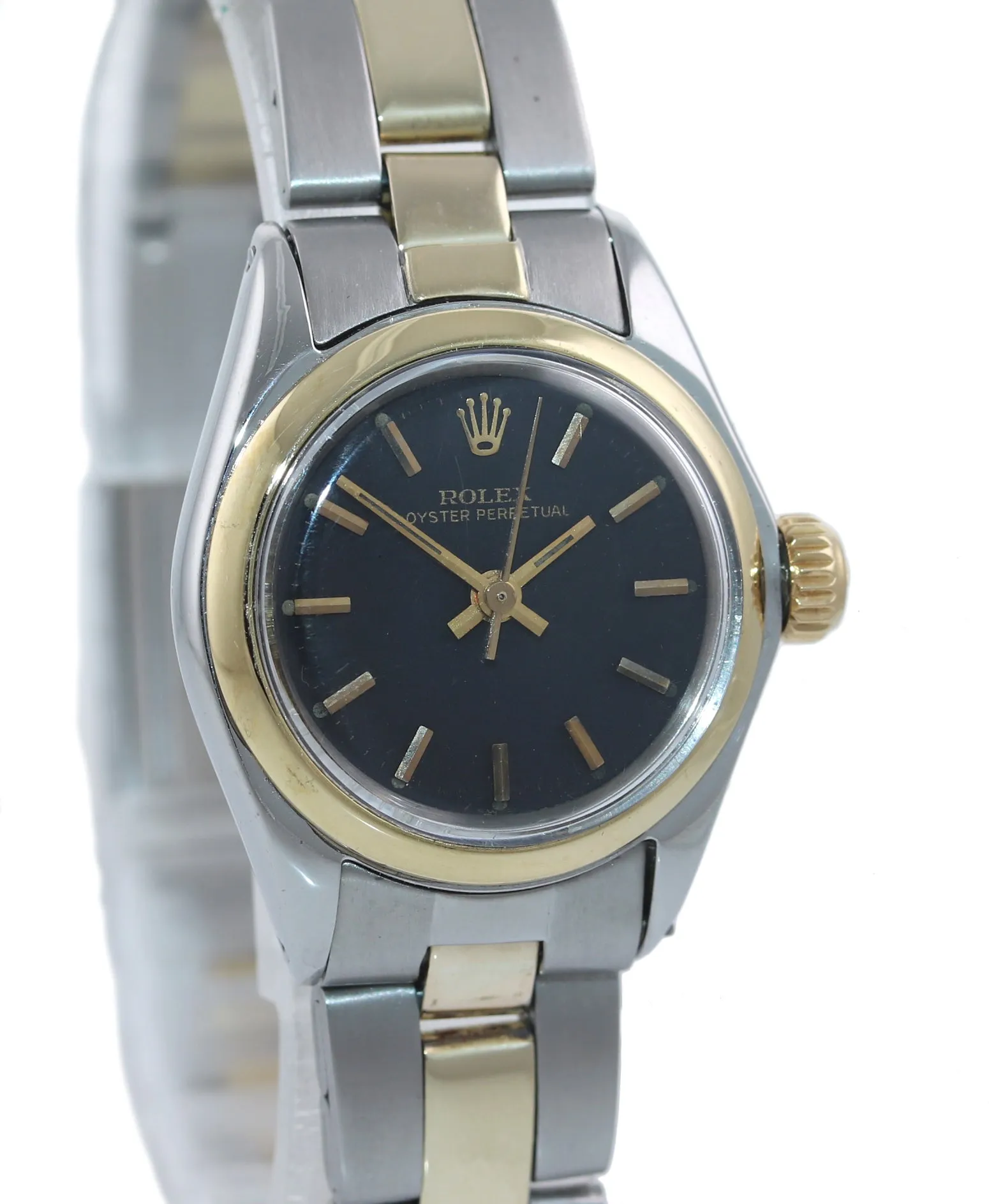 Ladies Rolex 26mm 6818 Two Tone Gold Steel Oyster Black Dial Watch Box