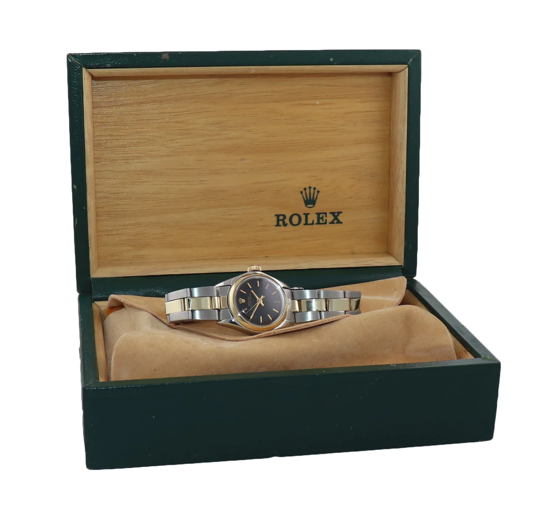 Ladies Rolex 26mm 6818 Two Tone Gold Steel Oyster Black Dial Watch Box
