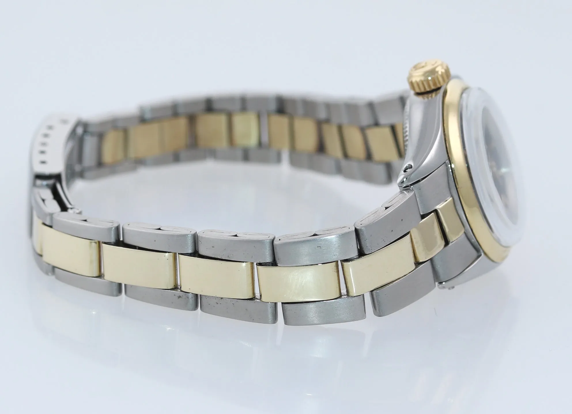 Ladies Rolex 26mm 6818 Two Tone Gold Steel Oyster Black Dial Watch Box