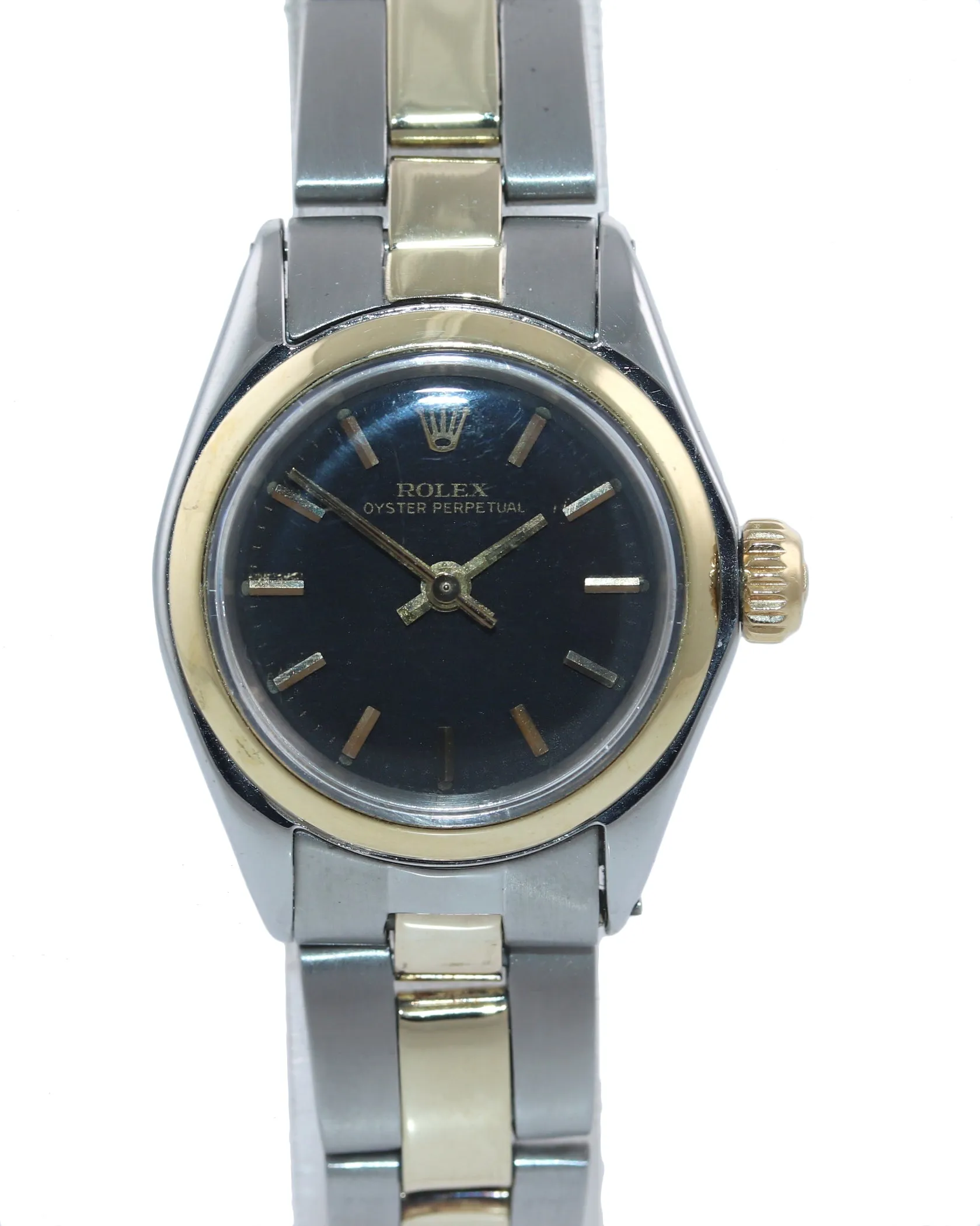 Ladies Rolex 26mm 6818 Two Tone Gold Steel Oyster Black Dial Watch Box