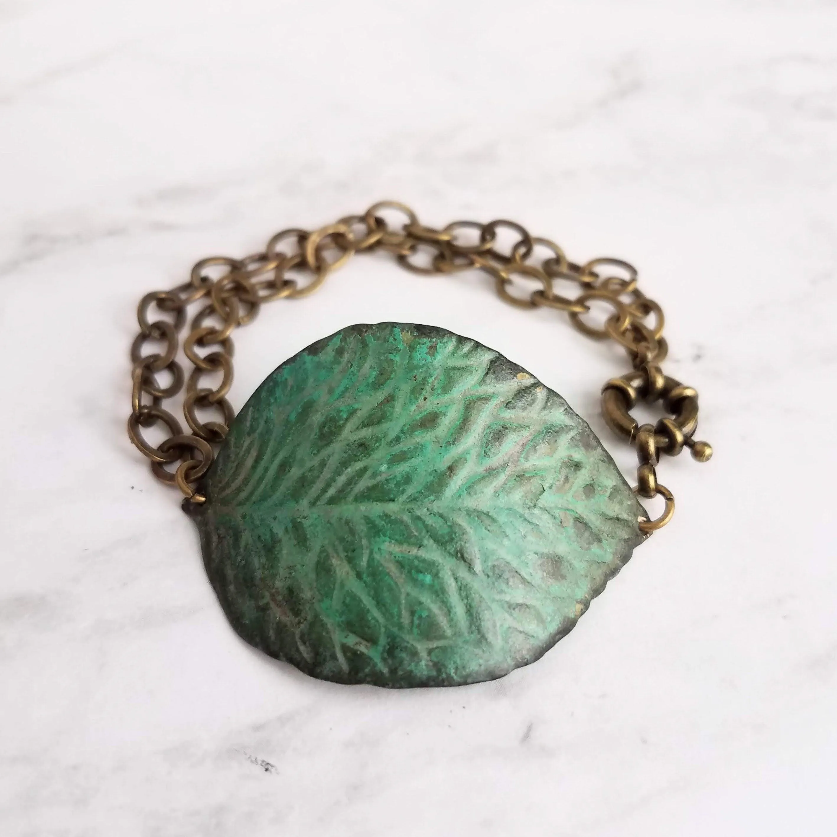 Large Leaf Bracelet, patina leaf bracelet, big leaf bracelet, verdigris patina bracelet, nature bracelet, rustic bracelet, oversized leaf