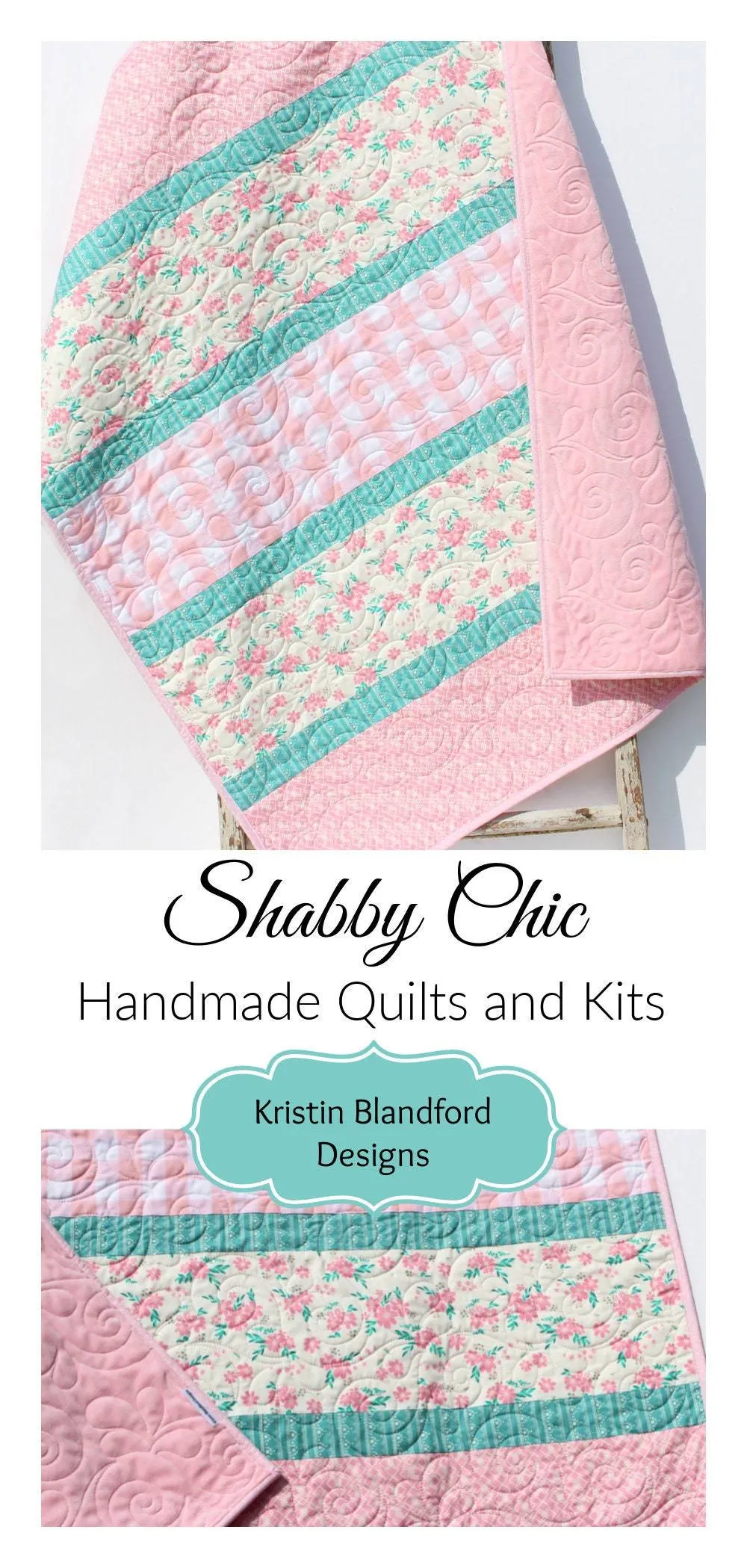 LAST ONE Quilt Kit, Striped Beginners, Farmhouse Floral Plaid, Pink Flowers, Projects for you to Make, Baby or Toddler, Teal Keepsake Gift Handmade