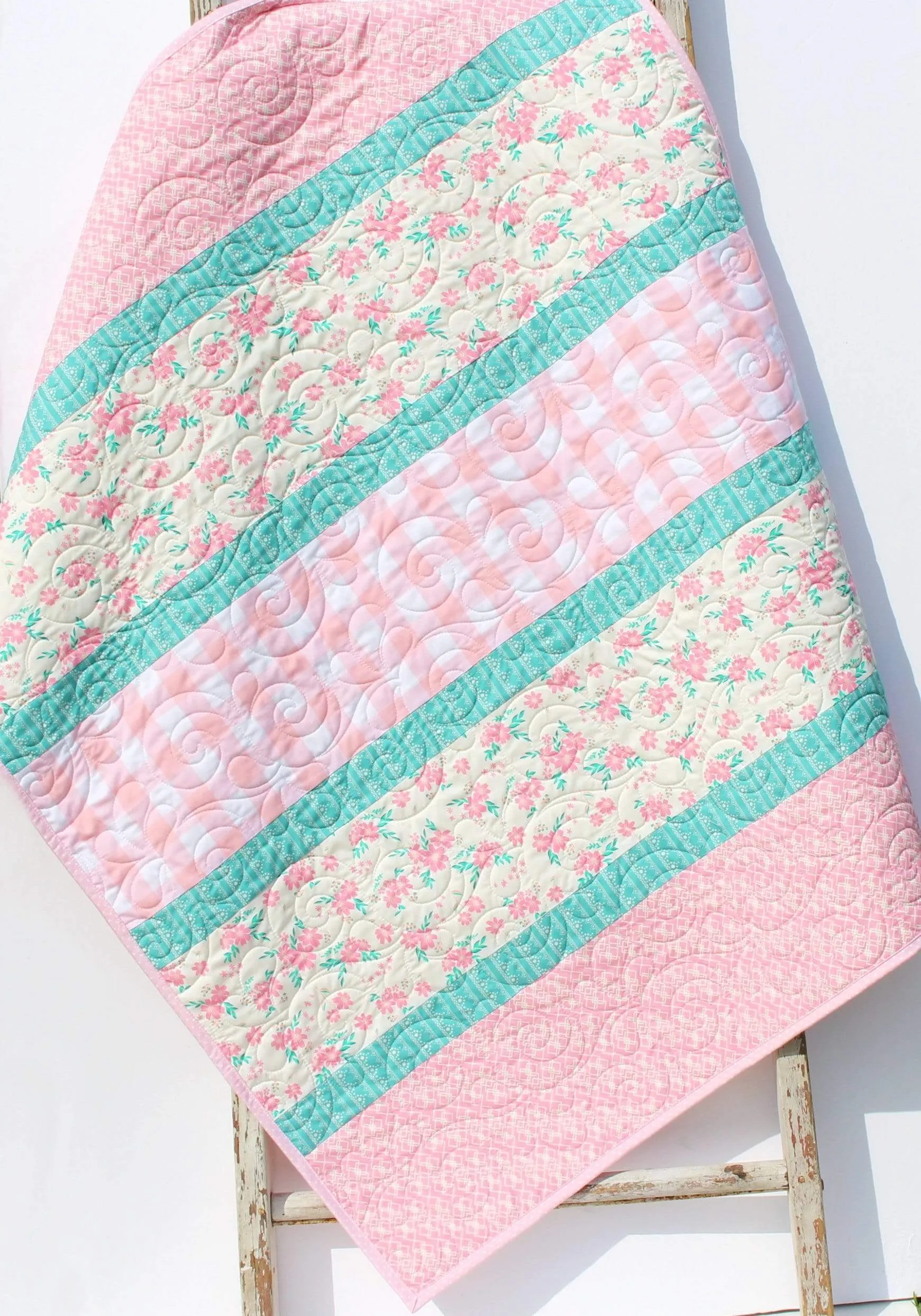 LAST ONE Quilt Kit, Striped Beginners, Farmhouse Floral Plaid, Pink Flowers, Projects for you to Make, Baby or Toddler, Teal Keepsake Gift Handmade