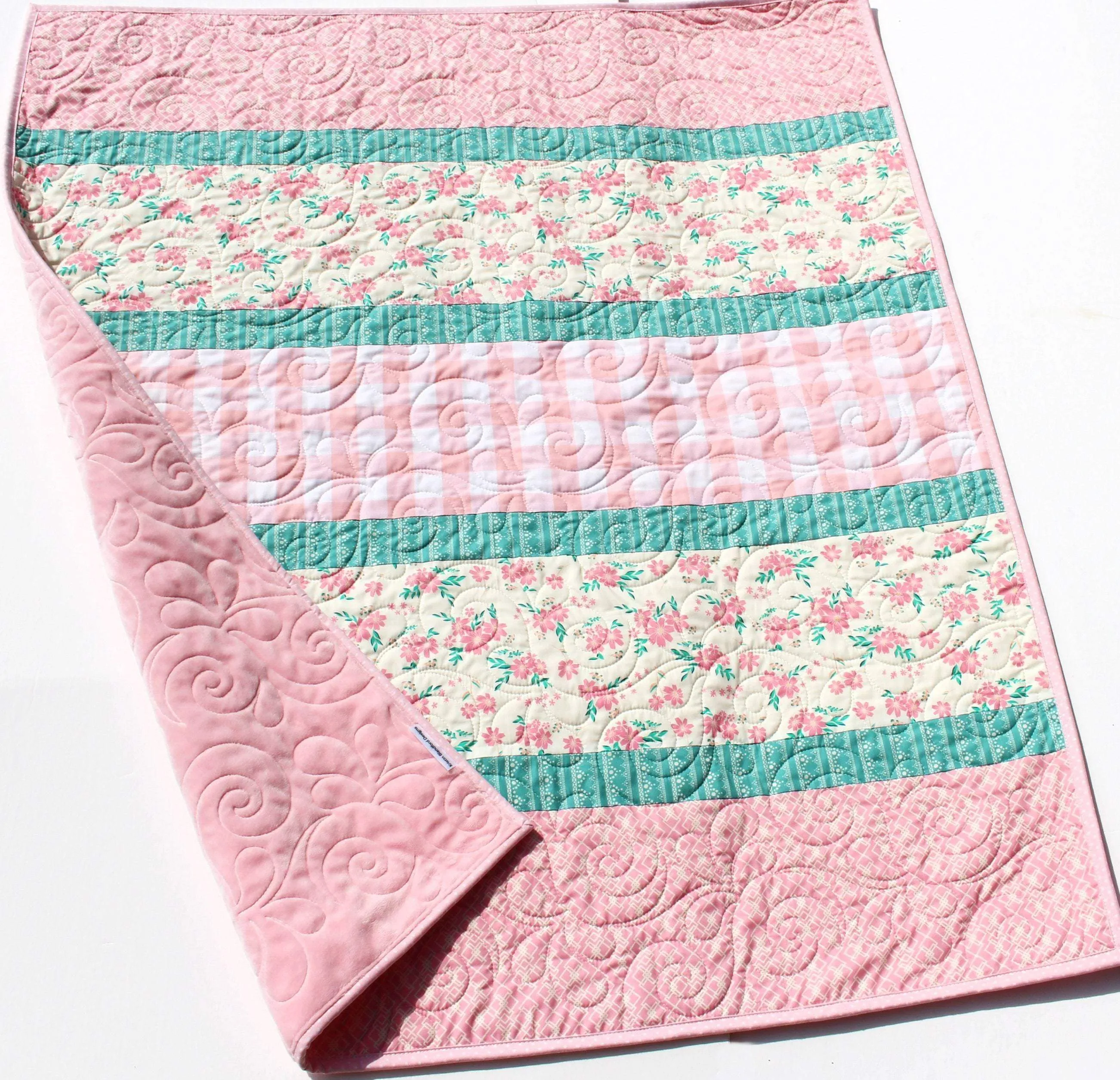 LAST ONE Quilt Kit, Striped Beginners, Farmhouse Floral Plaid, Pink Flowers, Projects for you to Make, Baby or Toddler, Teal Keepsake Gift Handmade