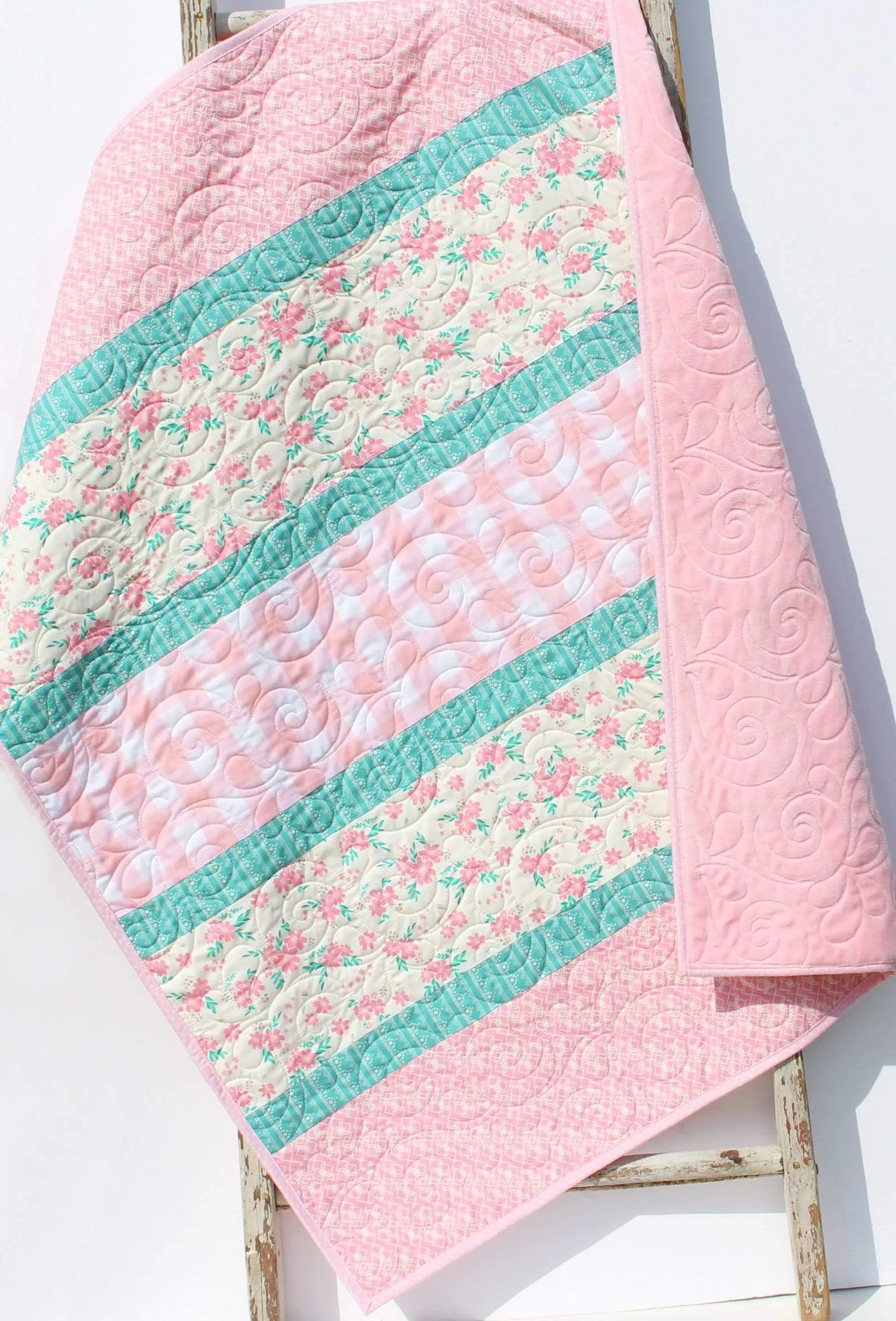 LAST ONE Quilt Kit, Striped Beginners, Farmhouse Floral Plaid, Pink Flowers, Projects for you to Make, Baby or Toddler, Teal Keepsake Gift Handmade
