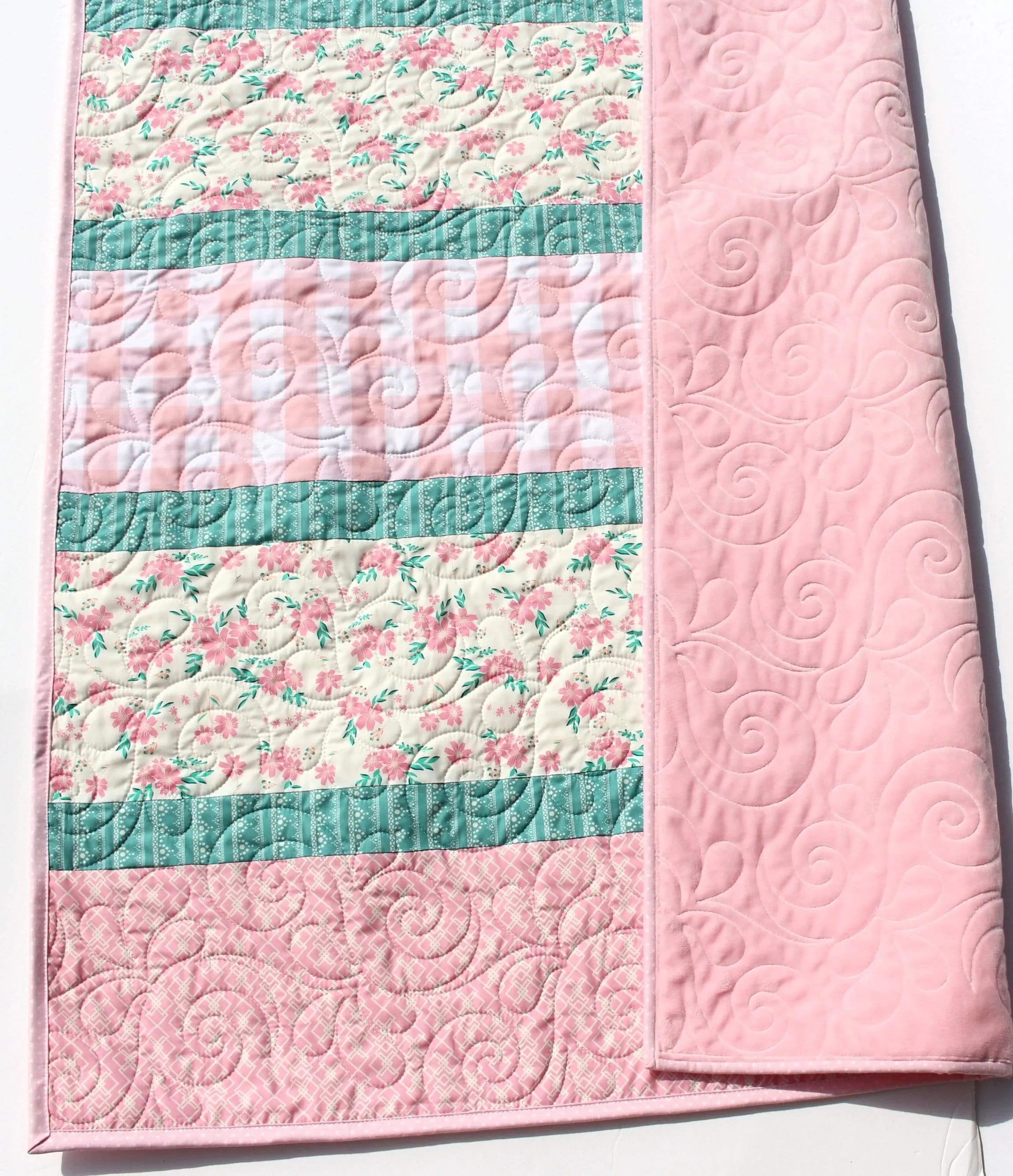 LAST ONE Quilt Kit, Striped Beginners, Farmhouse Floral Plaid, Pink Flowers, Projects for you to Make, Baby or Toddler, Teal Keepsake Gift Handmade
