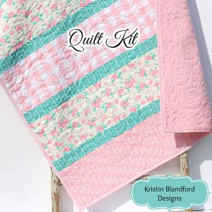 LAST ONE Quilt Kit, Striped Beginners, Farmhouse Floral Plaid, Pink Flowers, Projects for you to Make, Baby or Toddler, Teal Keepsake Gift Handmade