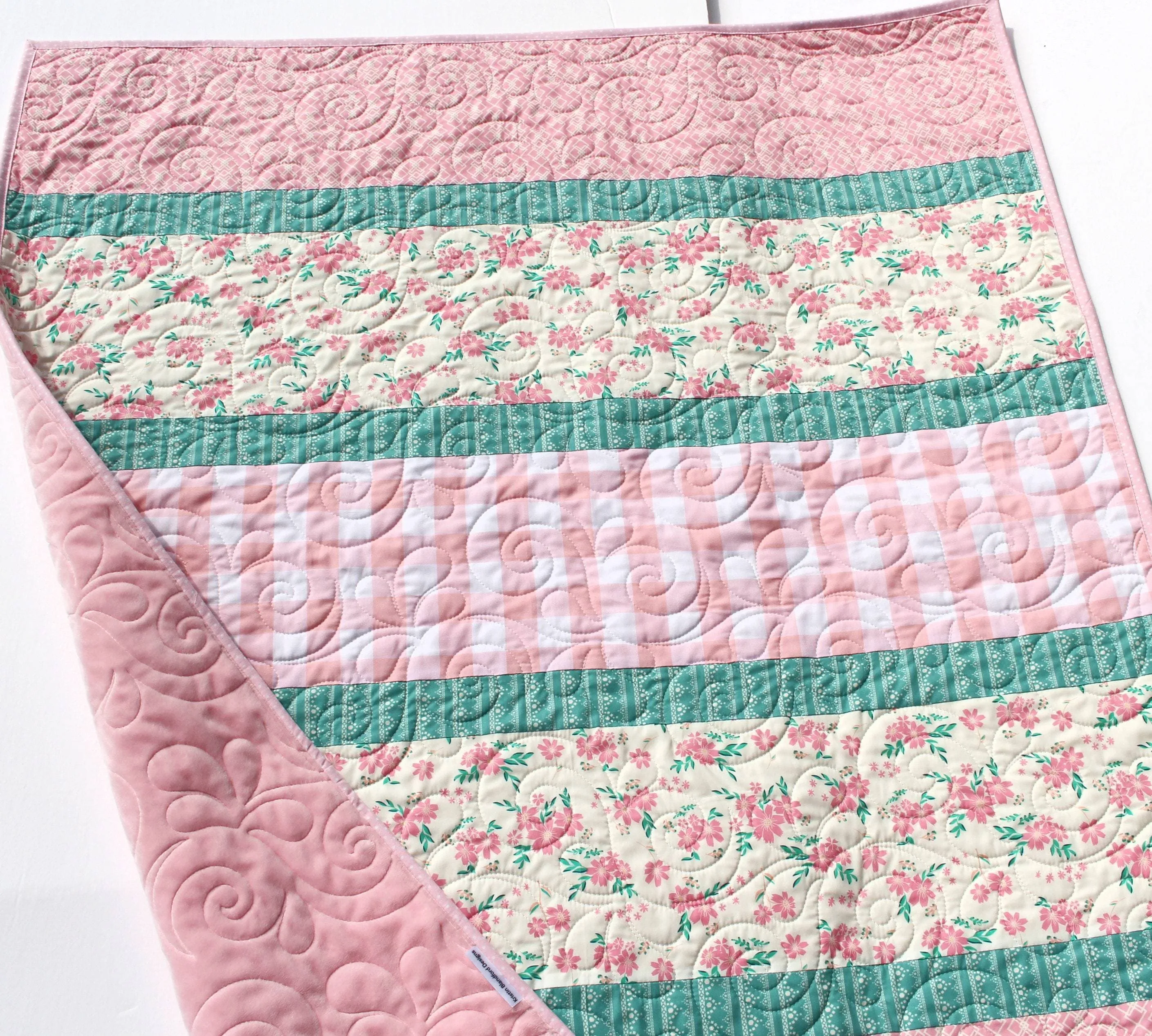 LAST ONE Quilt Kit, Striped Beginners, Farmhouse Floral Plaid, Pink Flowers, Projects for you to Make, Baby or Toddler, Teal Keepsake Gift Handmade