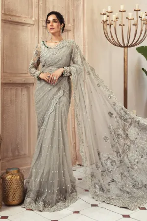 Latest Bridal Grey Saree Pakistani Wedding Dress #BS744