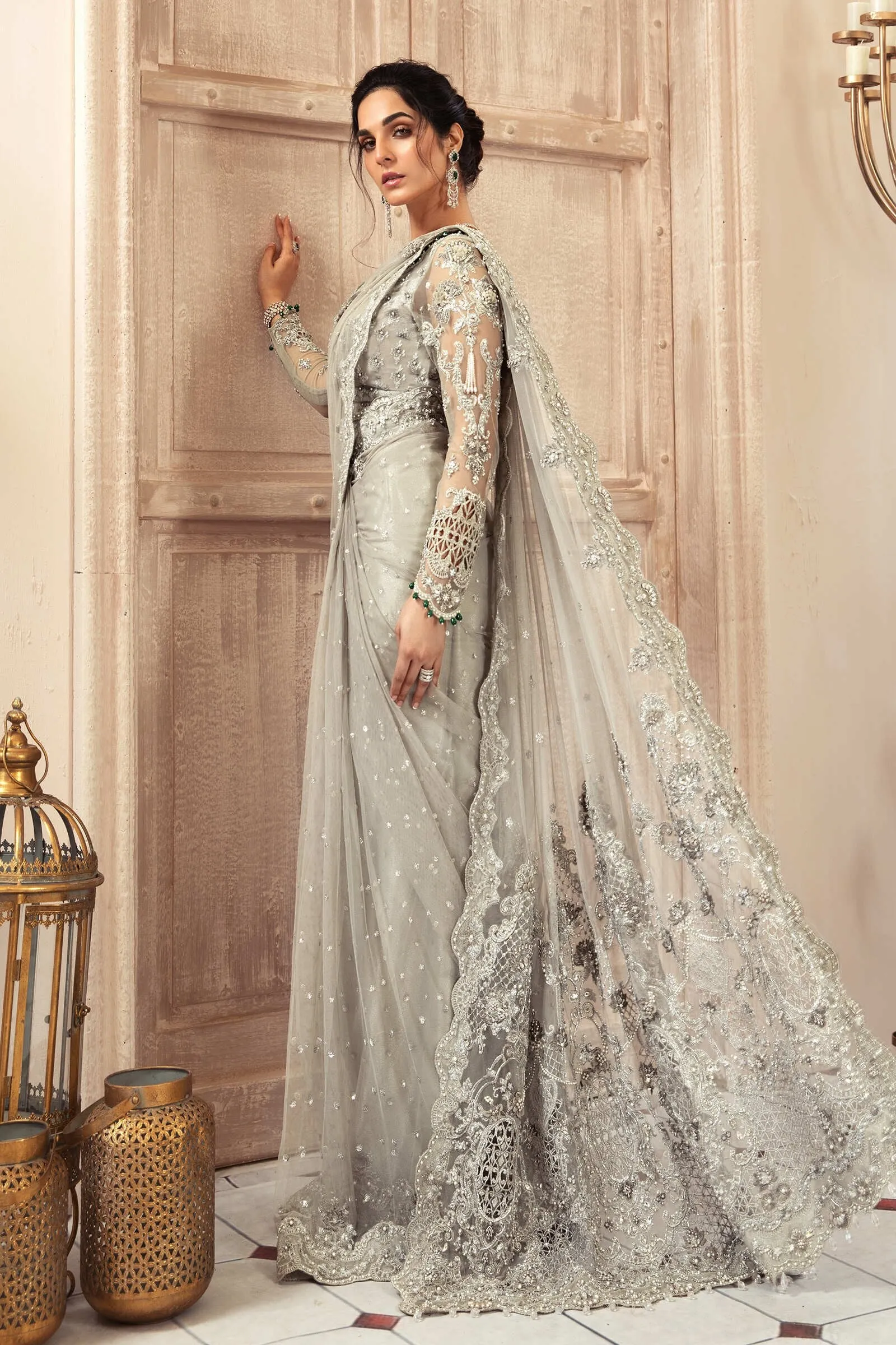 Latest Bridal Grey Saree Pakistani Wedding Dress #BS744