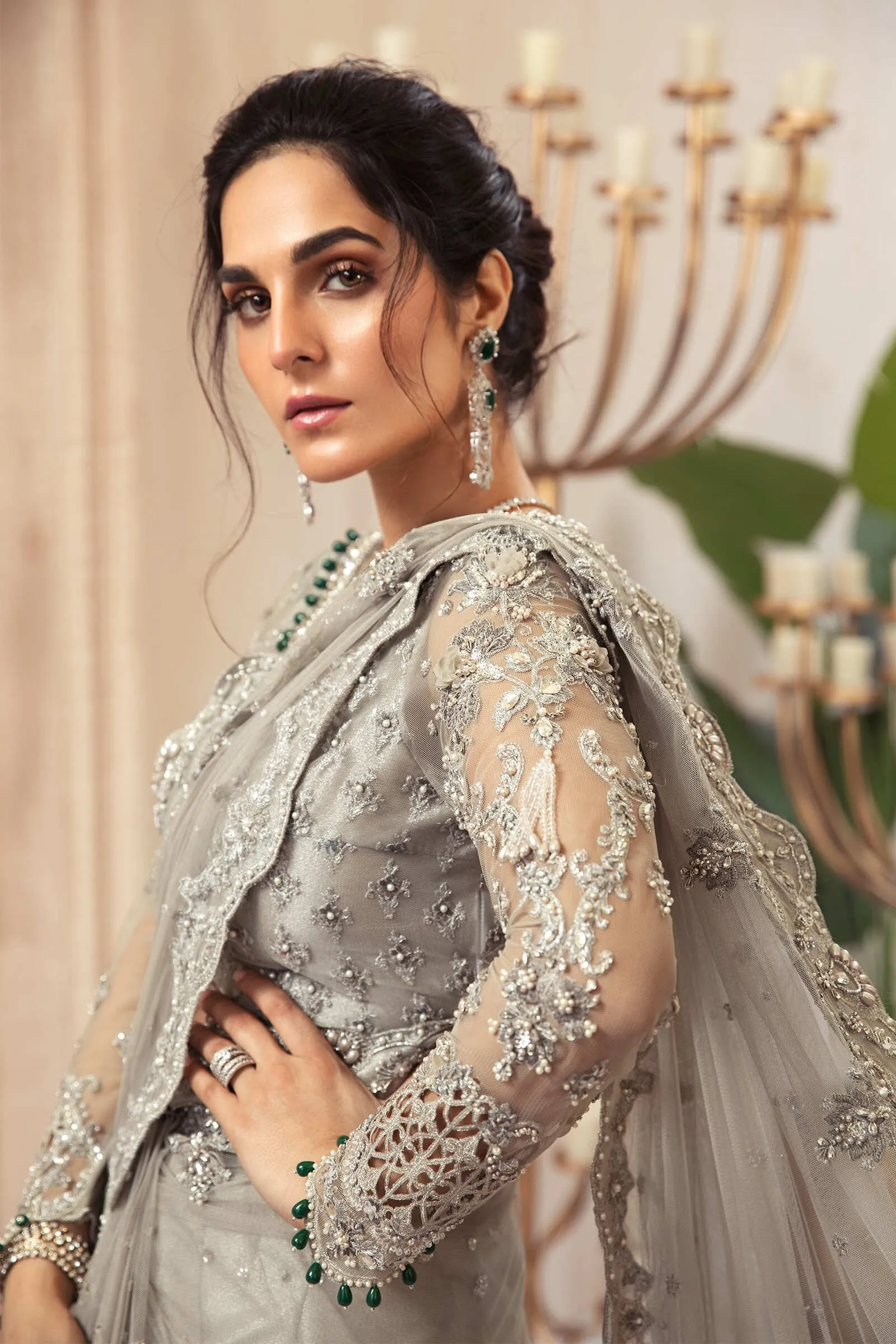 Latest Bridal Grey Saree Pakistani Wedding Dress #BS744