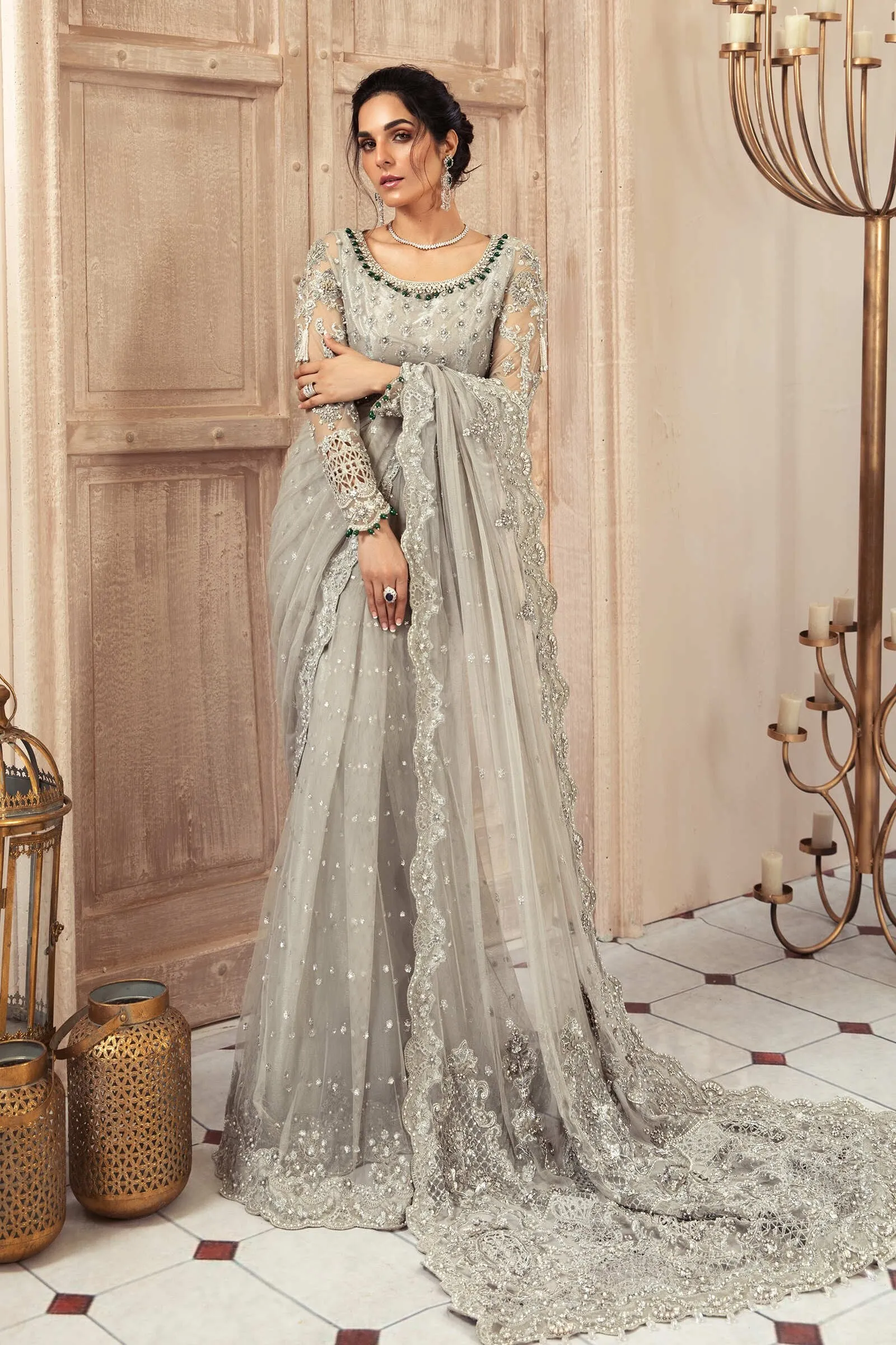 Latest Bridal Grey Saree Pakistani Wedding Dress #BS744