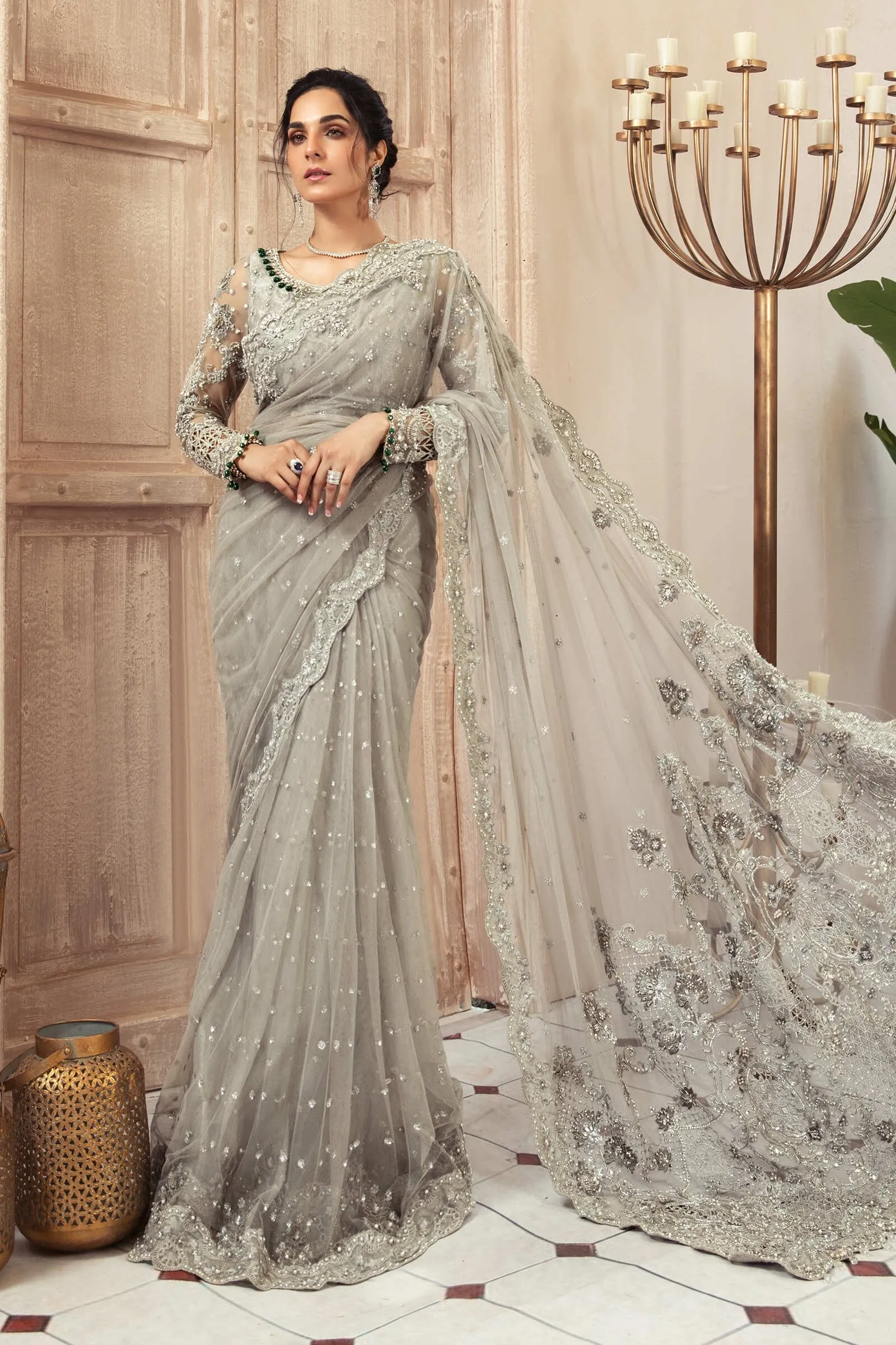 Latest Bridal Grey Saree Pakistani Wedding Dress #BS744
