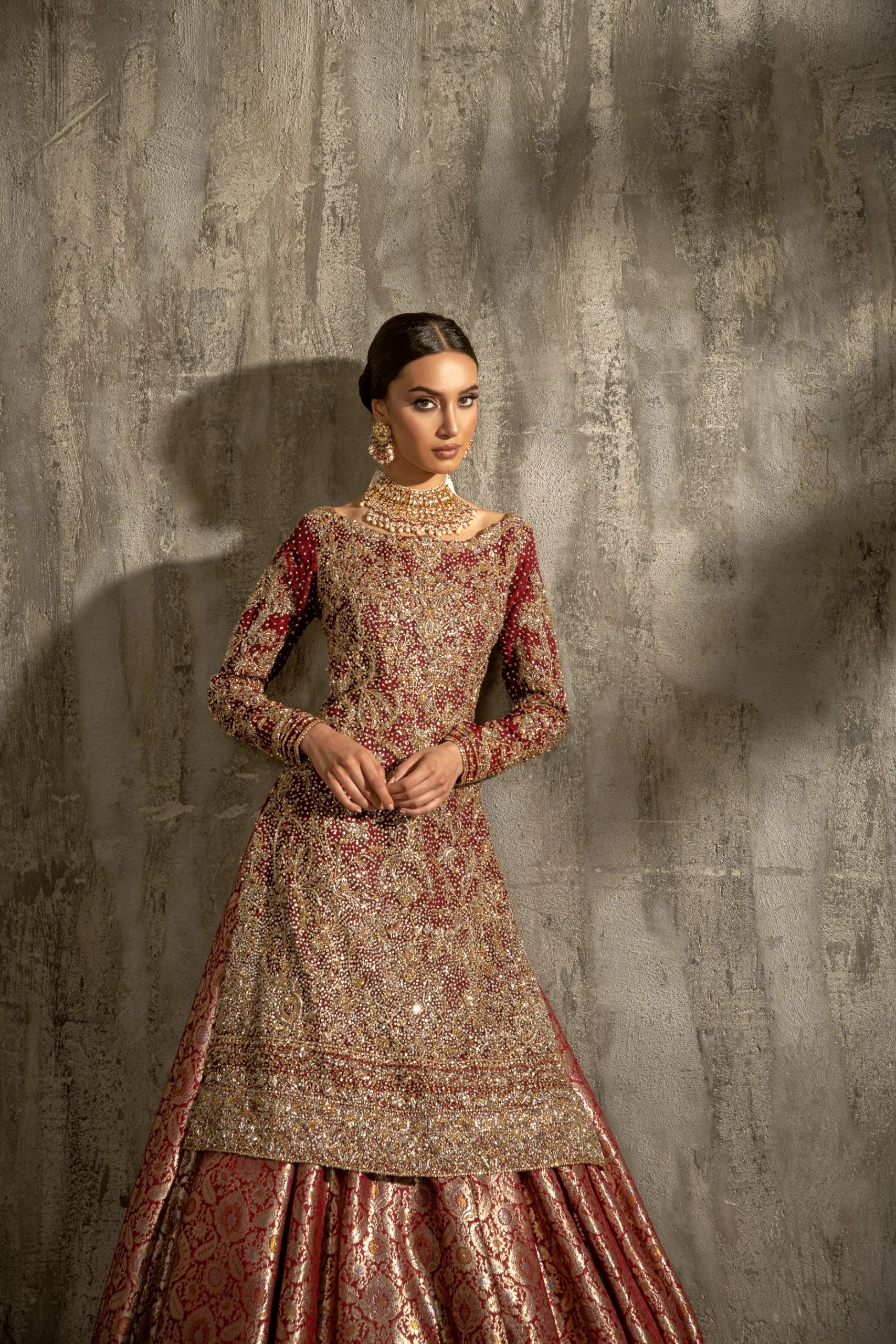 Latest Pakistani Red Bridal Kameez Lehenga Dress #BS869
