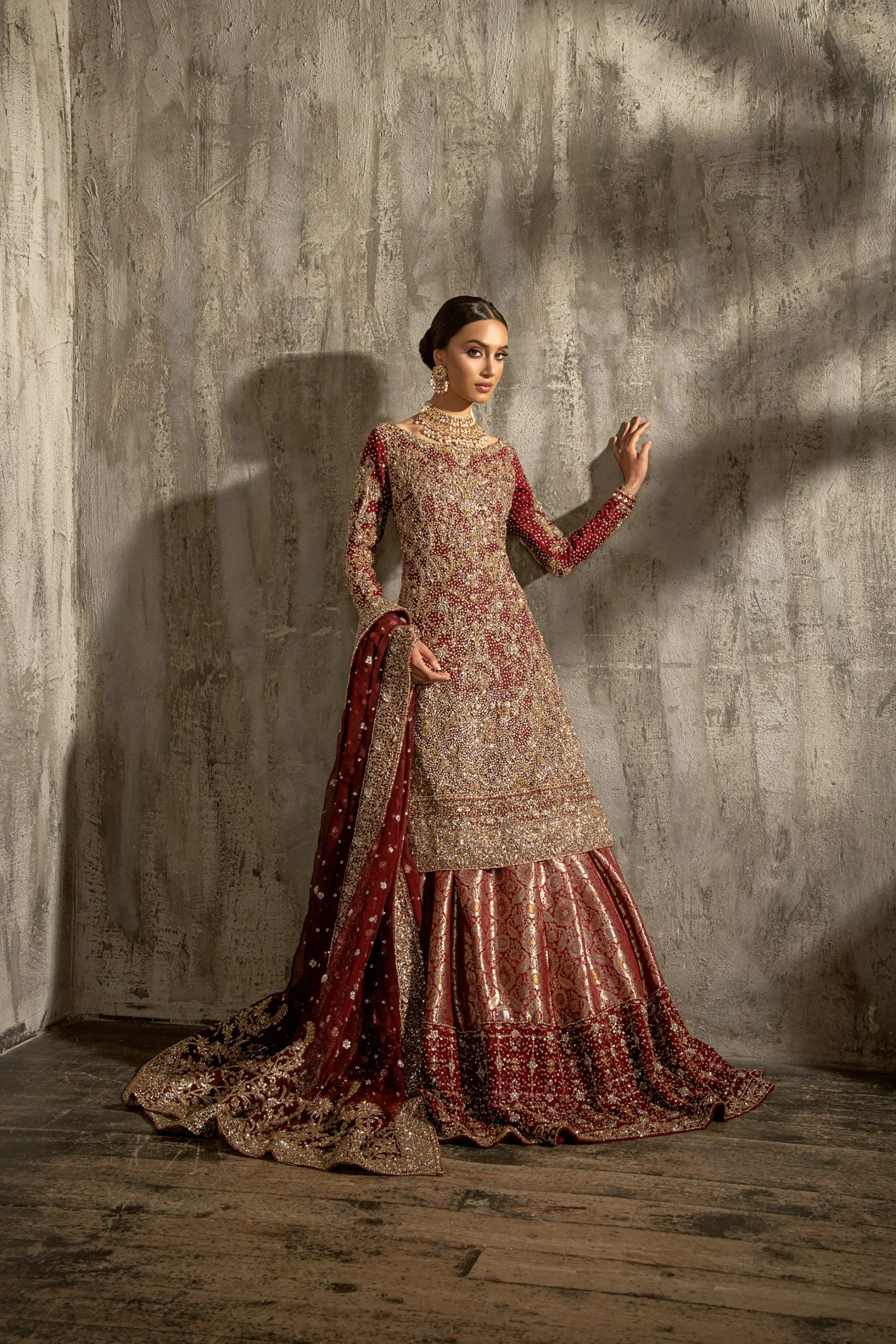 Latest Pakistani Red Bridal Kameez Lehenga Dress #BS869