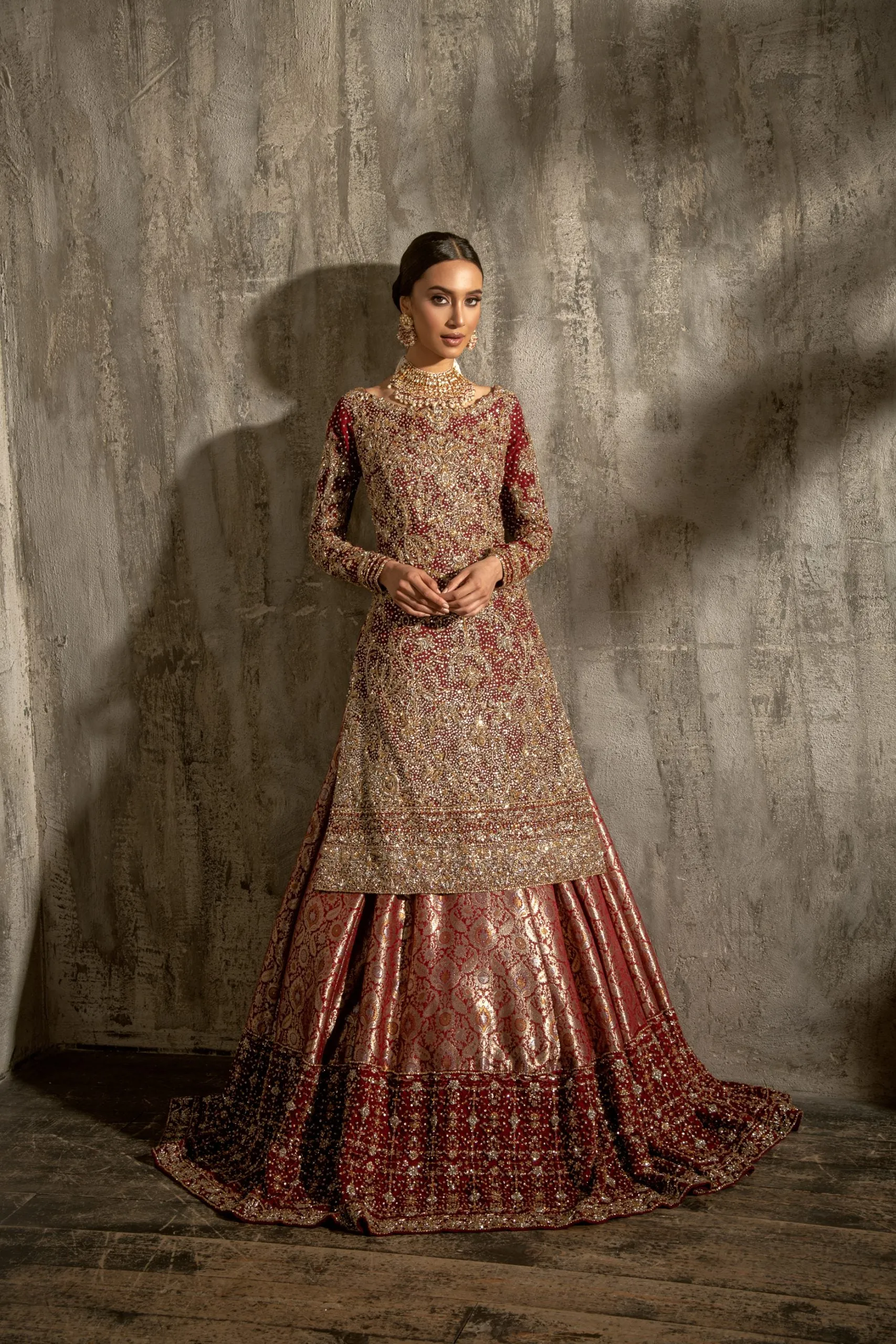 Latest Pakistani Red Bridal Kameez Lehenga Dress #BS869