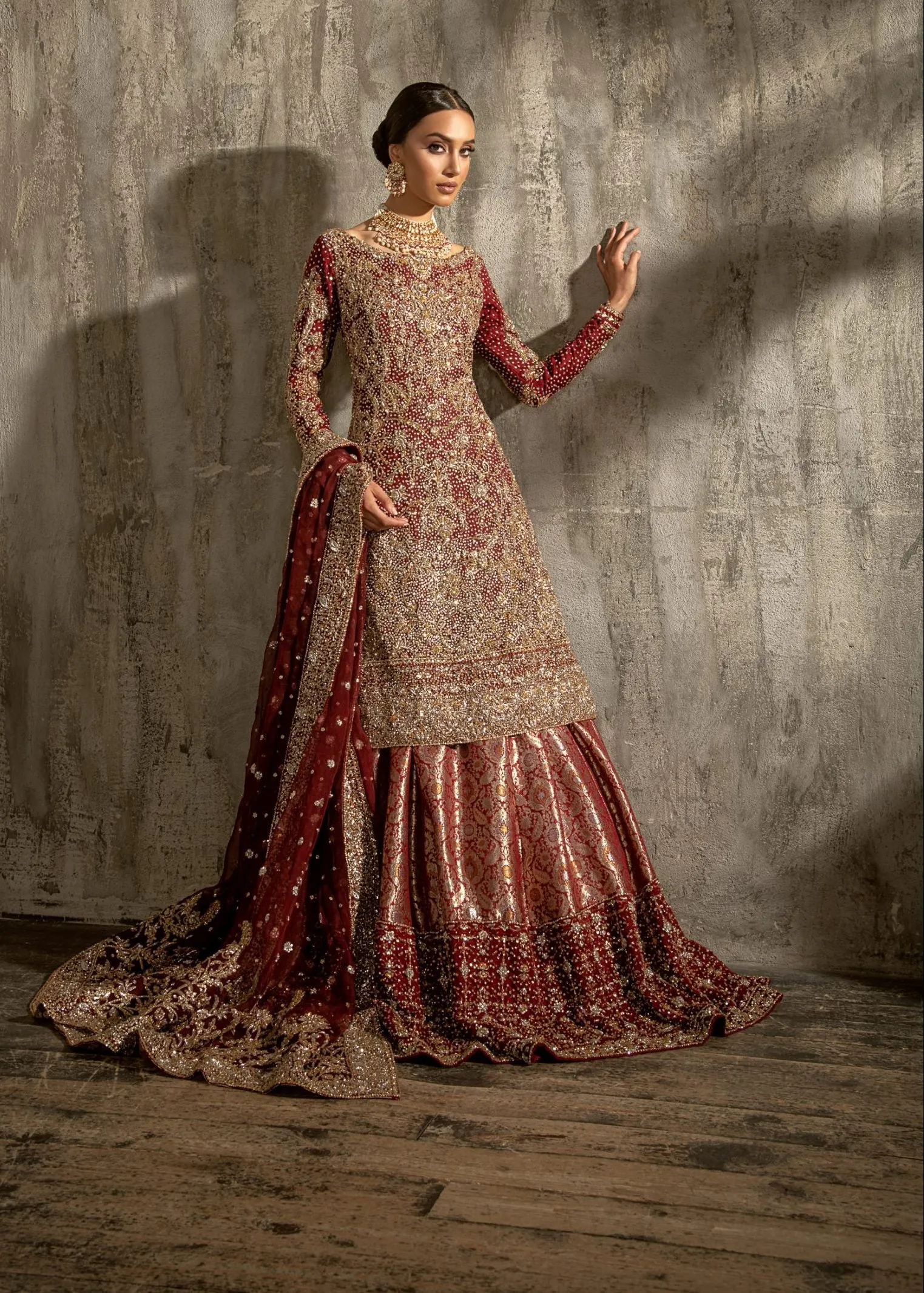 Latest Pakistani Red Bridal Kameez Lehenga Dress #BS869