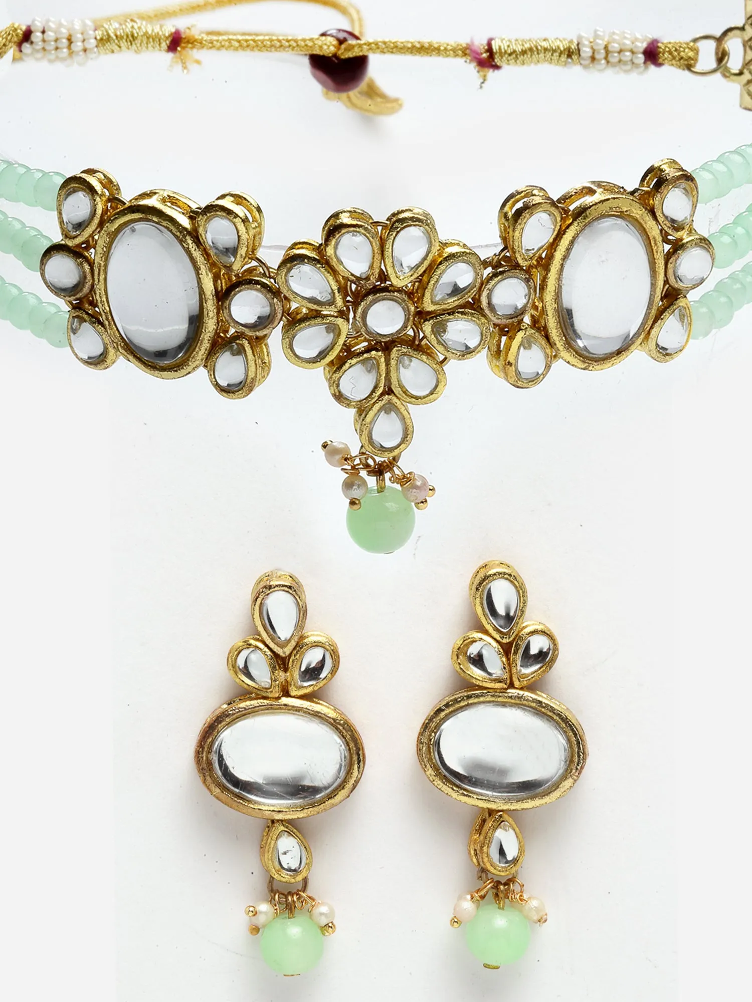 Light Green Multistrand Embellished Kundan Choker Necklace Set