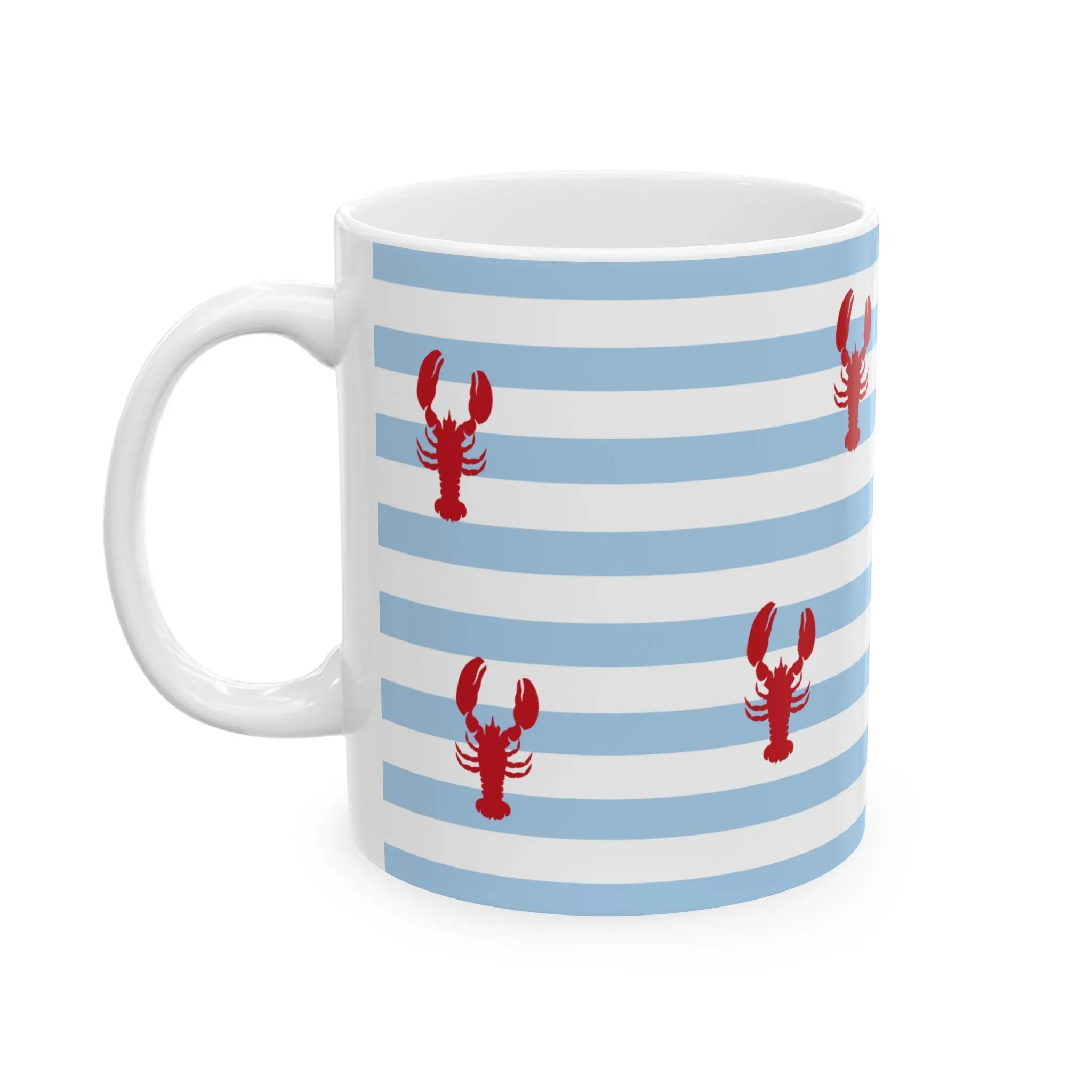 Lobster Striped Ceramic Mug, Nautical Coffee Cup for Seafood Lovers, Summer Gift, Coastal Kitchen Decor, Lobster Lover's Mug